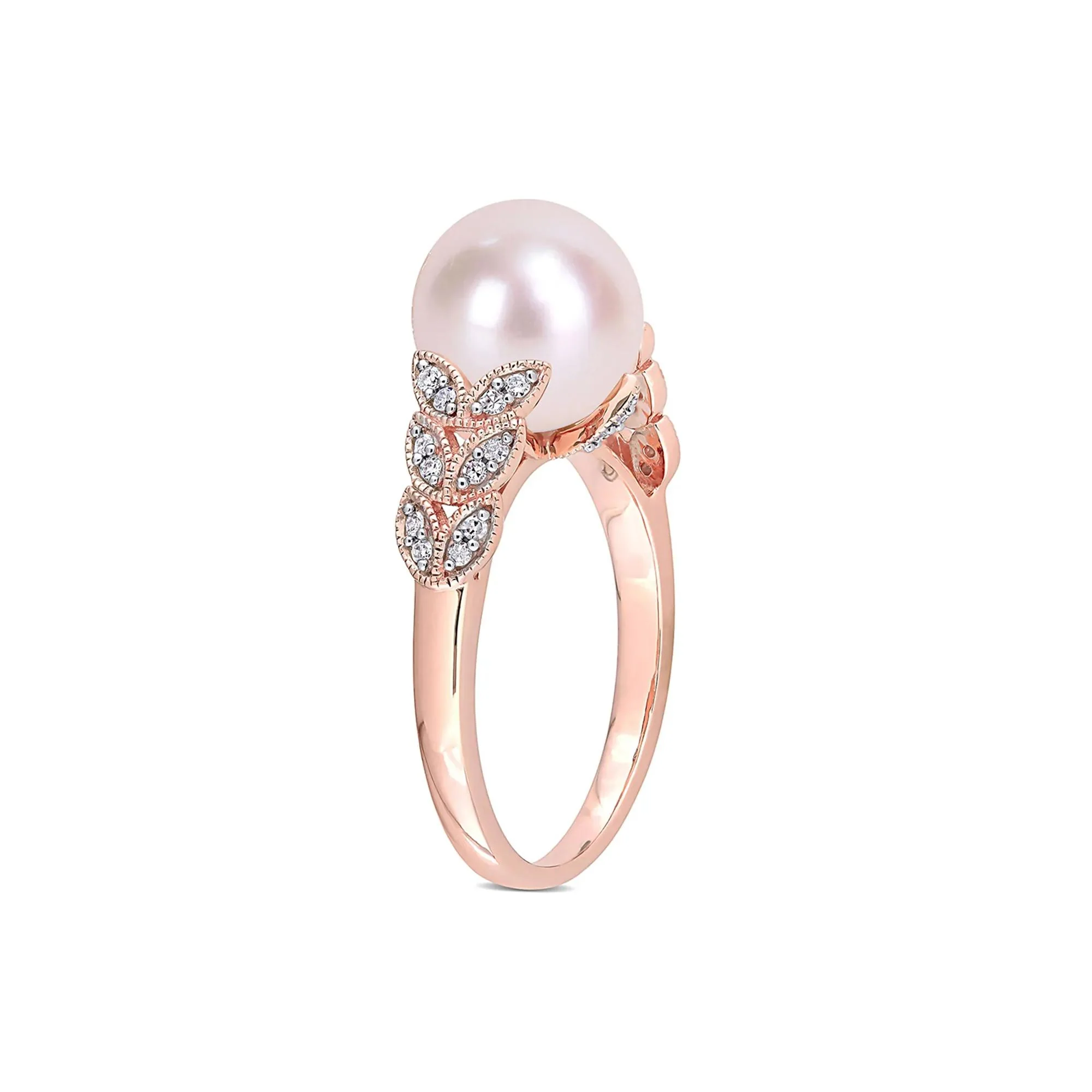 1/2 CT. Tw. Freshwater Pearl & Diamond Ring 10K Rose Gold Round Brilliant Cut Size 8 - Image 3
