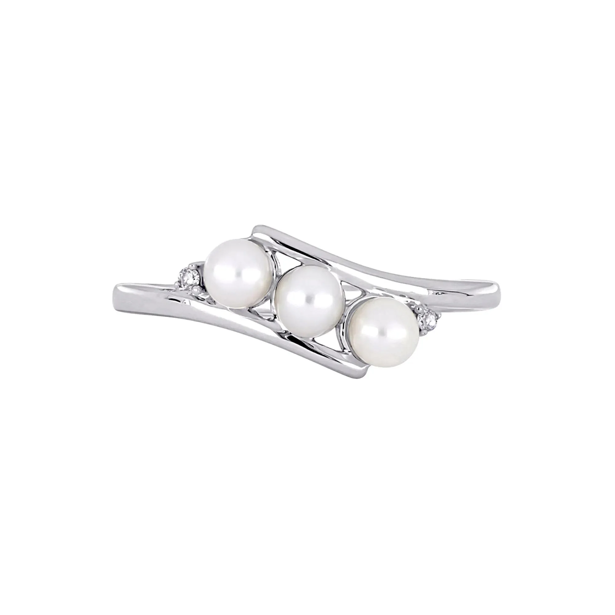 Freshwater Pearl & Diamond Ring 10K White Gold Round Brilliant Cut Size 7.5