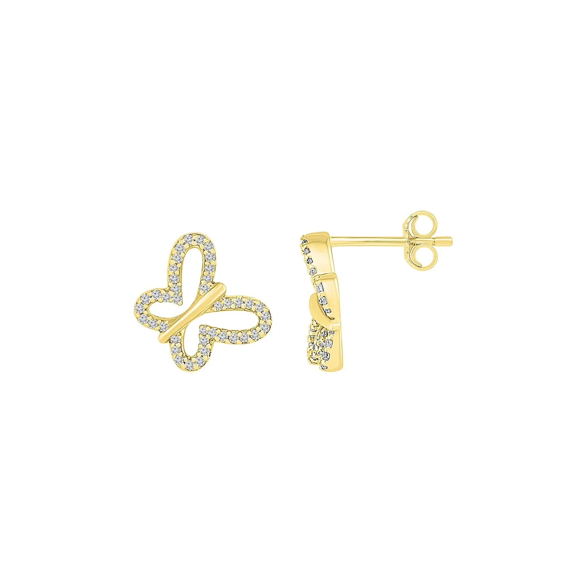 1/7 CT. Tw. Pave Diamond Butterfly Earrings 10K Yellow Gold Size 10.00mm - Image 2