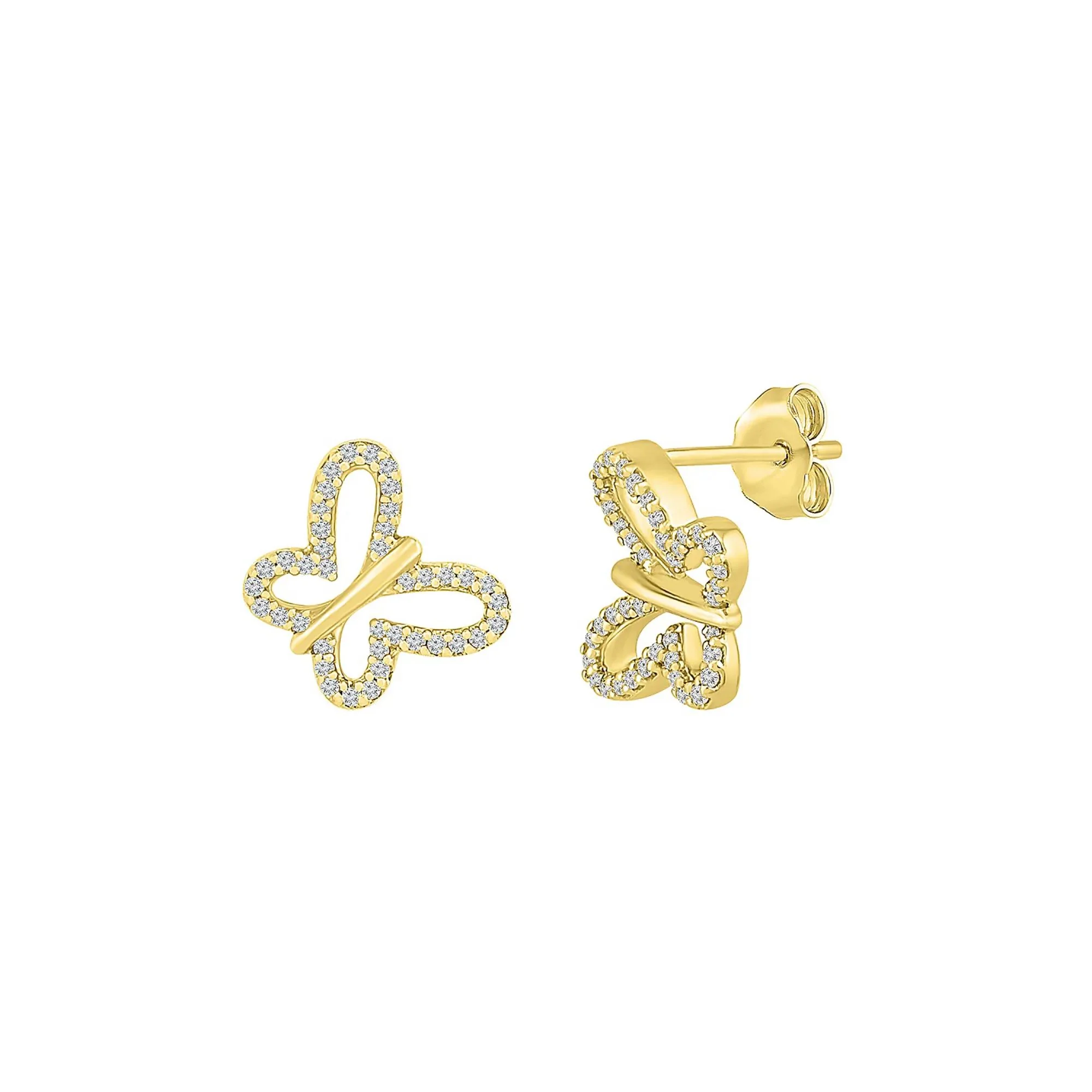 1/7 CT. Tw. Pave Diamond Butterfly Earrings 10K Yellow Gold Size 10.00mm - Image 3