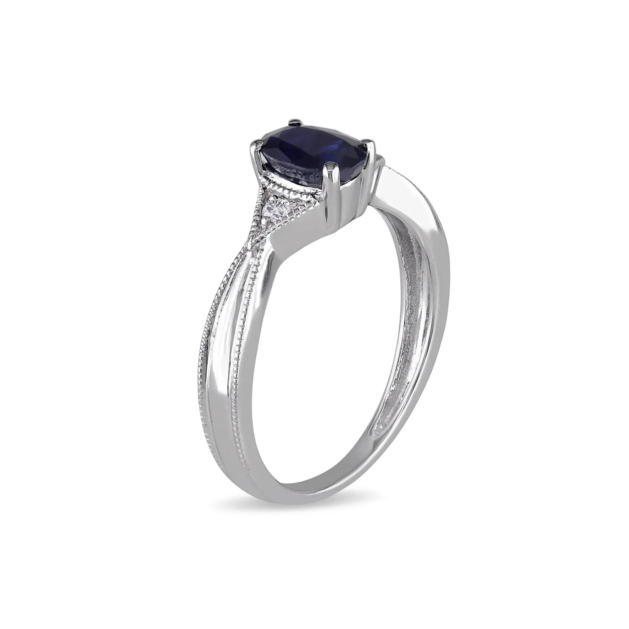 Oval Blue Sapphire & Diamond Ring with Milgrain Detail 14K White Gold Size 9 - Image 2