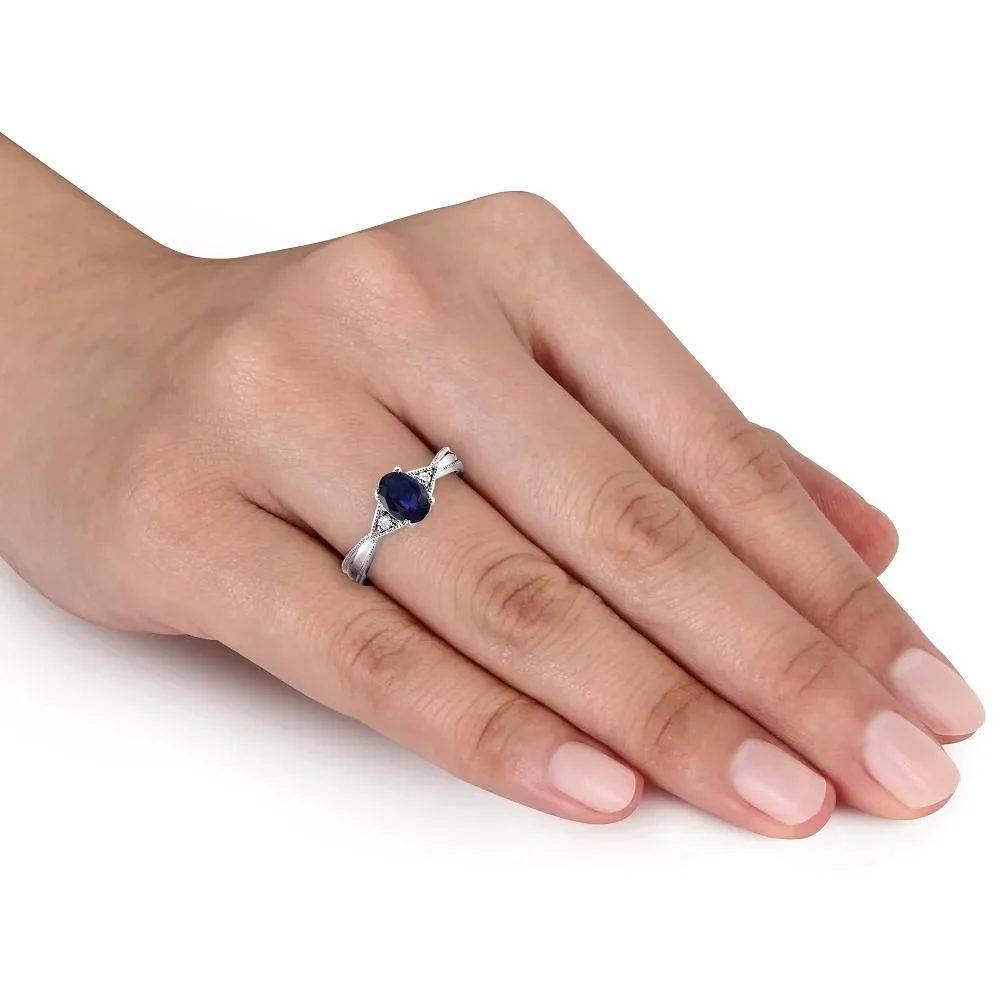 Oval Blue Sapphire & Diamond Ring with Milgrain Detail 14K White Gold Size 9 - Image 3
