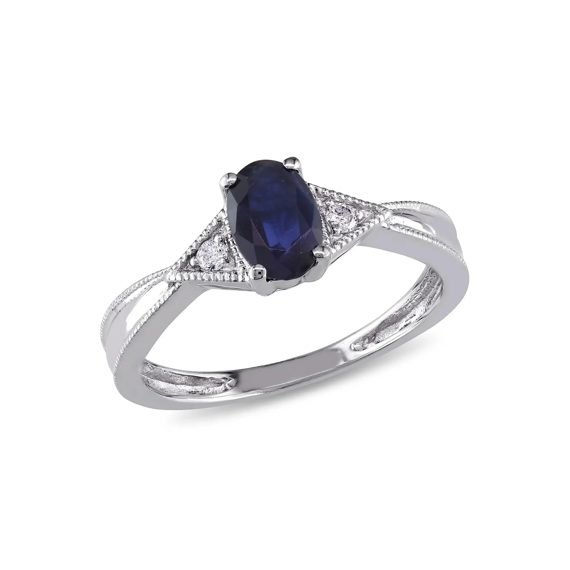 Oval Blue Sapphire & Diamond Ring with Milgrain Detail 14K White Gold Size 9 - Image 4