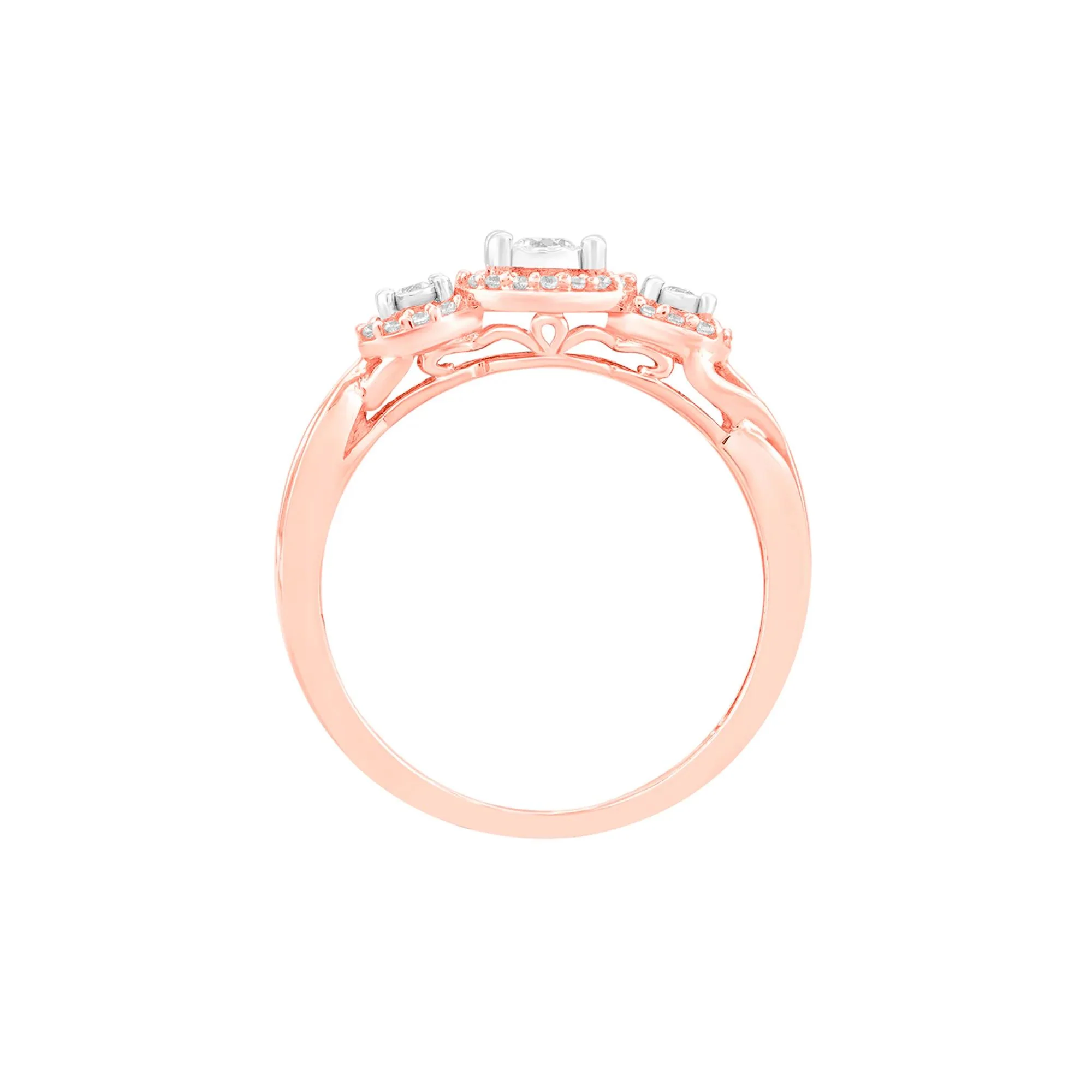 1/4 CT. Tw. Three-Stone Halo Engagement Ring with Illusion Settings 10K Rose Gold Round Brilliant Cut Size 8 - Image 2