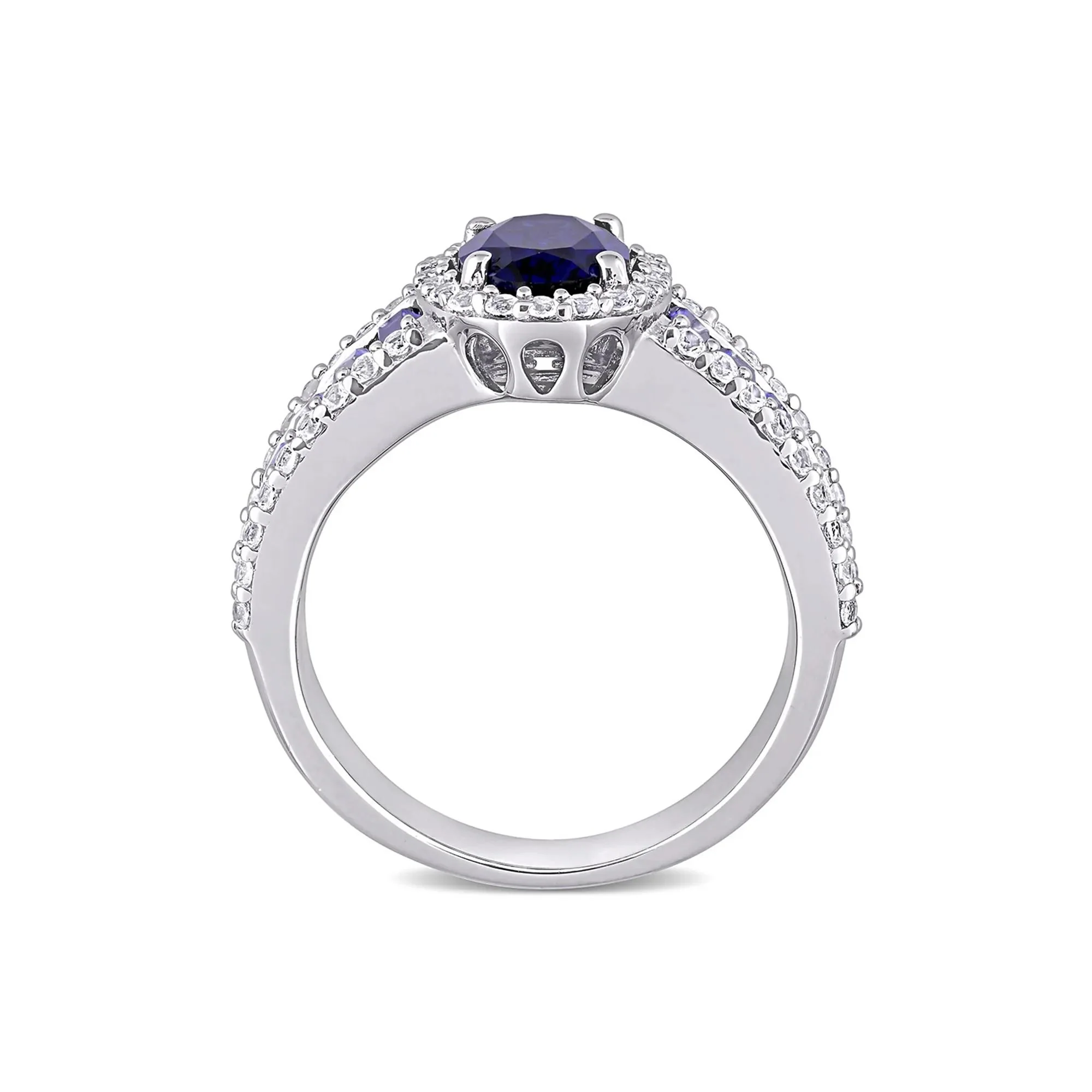 Oval Lab Created Blue & White Sapphire Halo Ring .925 Sterling Silver Size 6 - Image 2