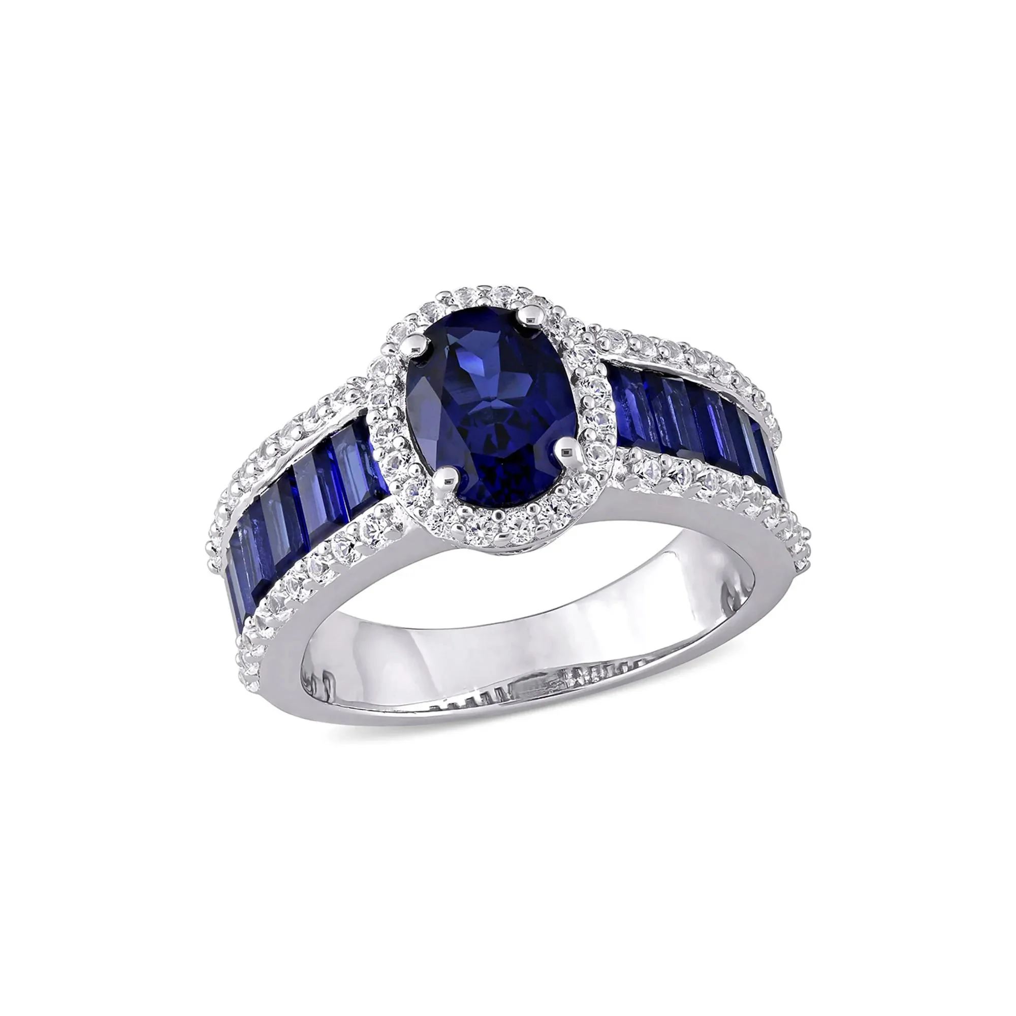 Oval Lab Created Blue & White Sapphire Halo Ring .925 Sterling Silver Size 7.5 - Image 4