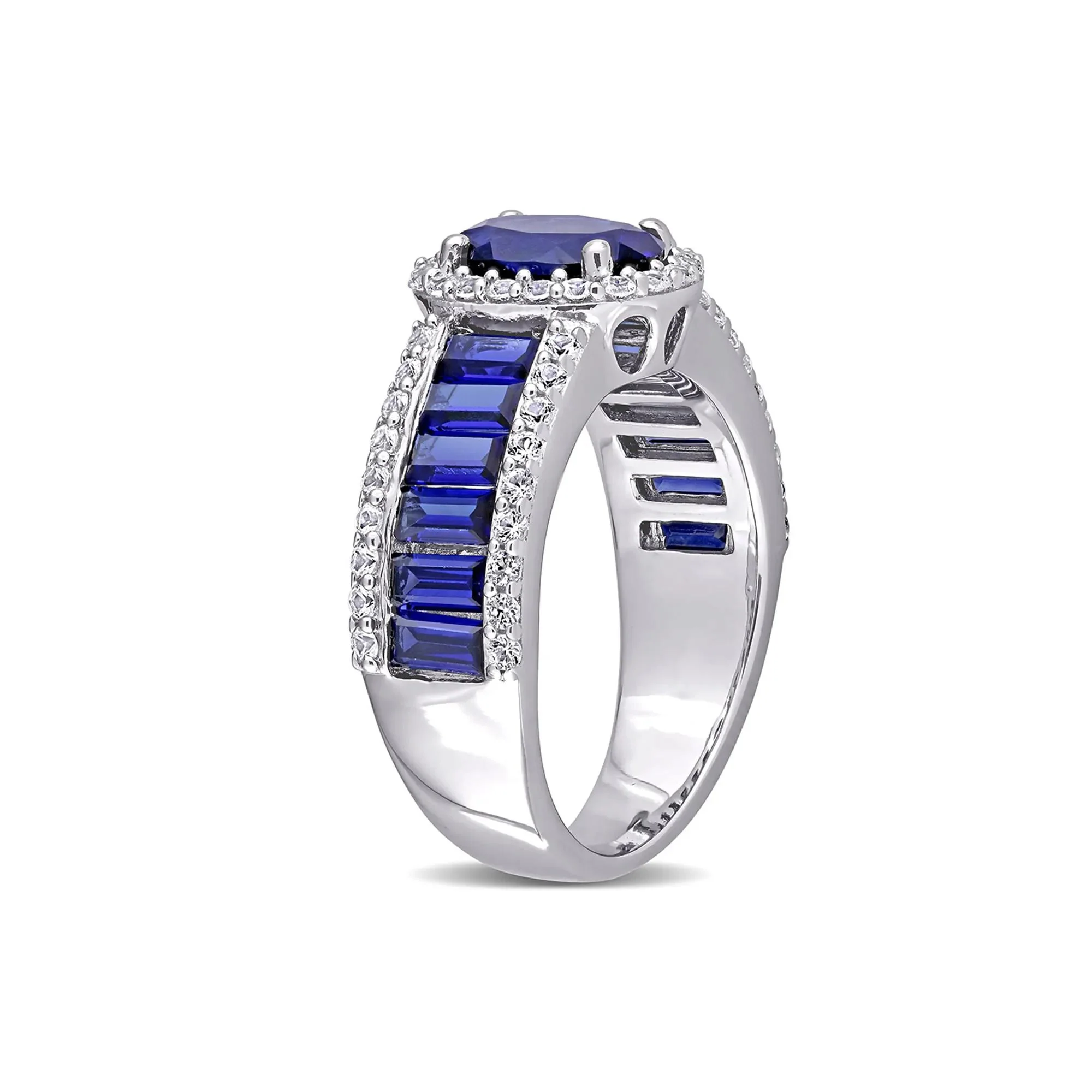 Oval Lab Created Blue & White Sapphire Halo Ring .925 Sterling Silver Size 8.5 - Image 3