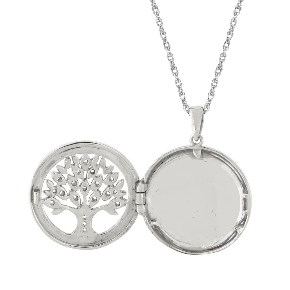 Family Tree Photo Locket with Lab Created White Sapphires .925 Sterling .925 Sterling Silver Necklace Size 18" - Image 2