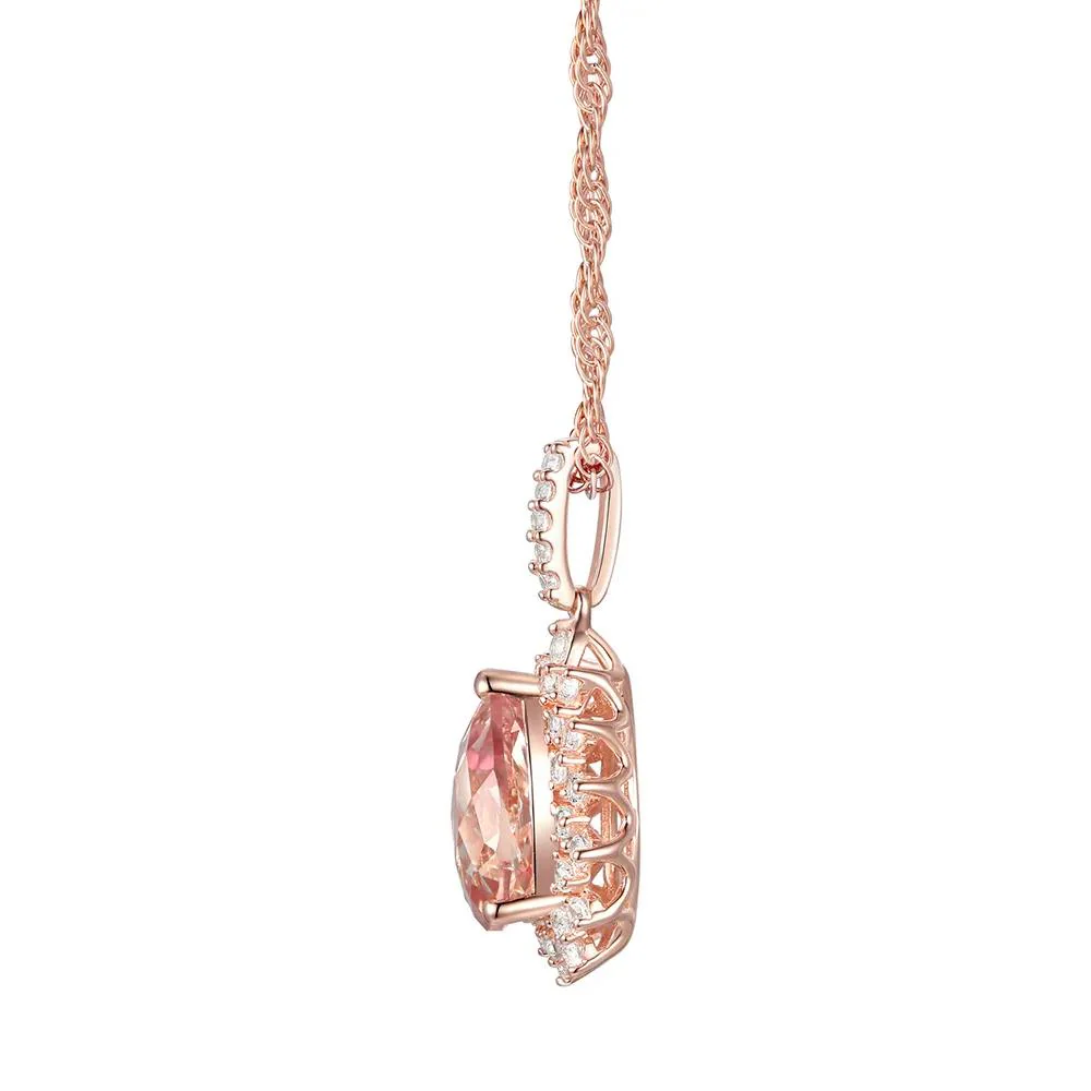 1/4 CT. Tw. Pear-Shaped Morganite & Diamond Halo Pendant Necklace 10K Rose Gold Size 18" - Image 2