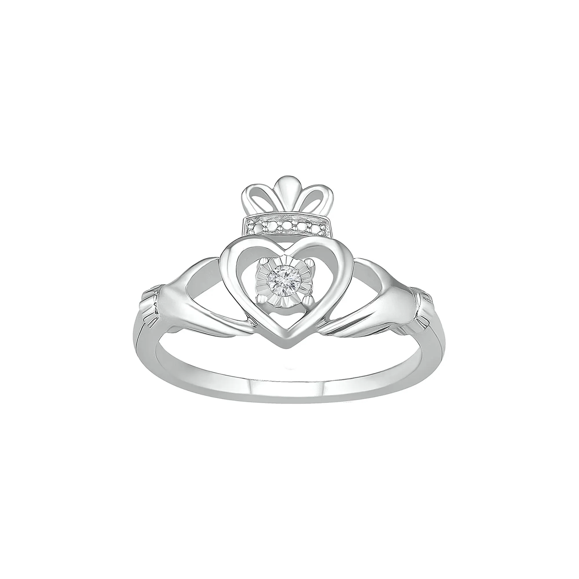 Diamond Claddagh Ring .925 Sterling Silver Round Brilliant Cut White Size 7 - Image 4