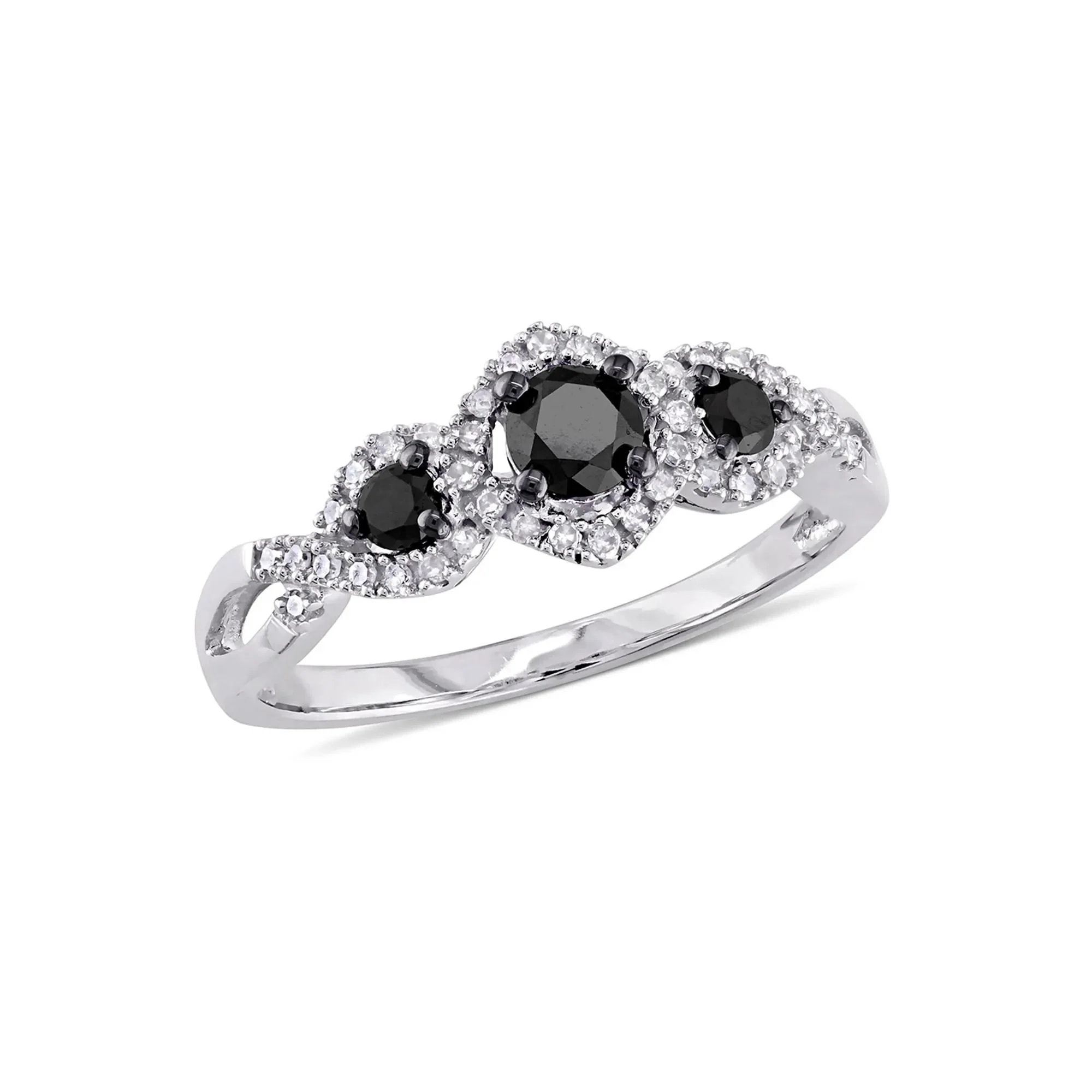 1/2 CT. Tw. Three-Stone Ring with Black & White Diamonds 10K White Gold Round Brilliant Cut Size 10 - Image 5