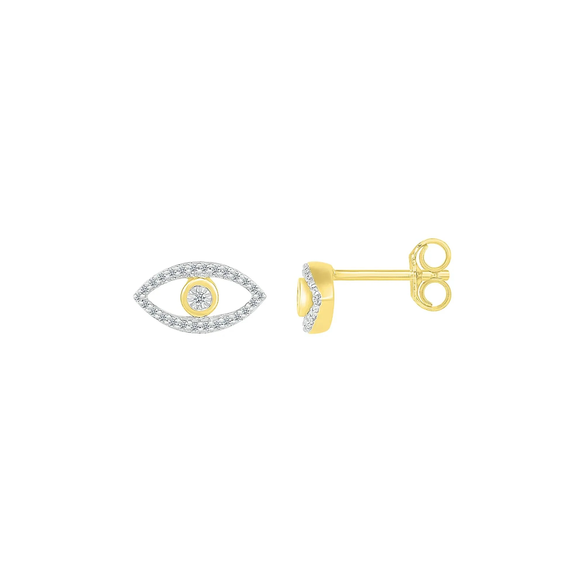 1/8 CT. Tw. Evil Eye Stud Earrings with Diamonds 10K Yellow Gold Size 10.50mm - Image 2