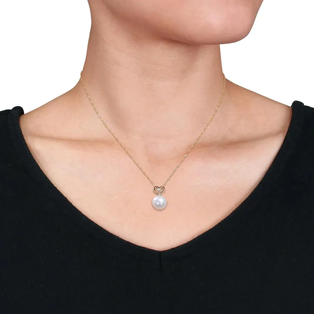Single Pearl Necklace with Heart & Diamond Accent 10K Yellow Gold Size 17" - Image 3