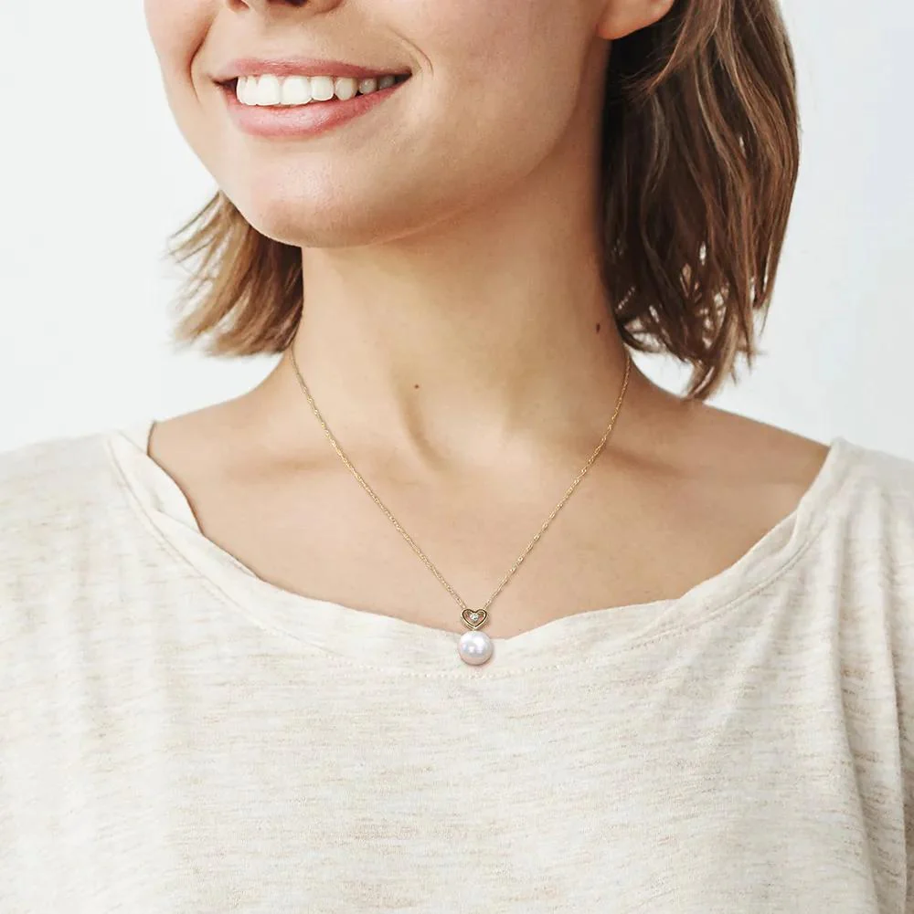 Single Pearl Necklace with Heart & Diamond Accent 10K Yellow Gold Size 17" - Image 4