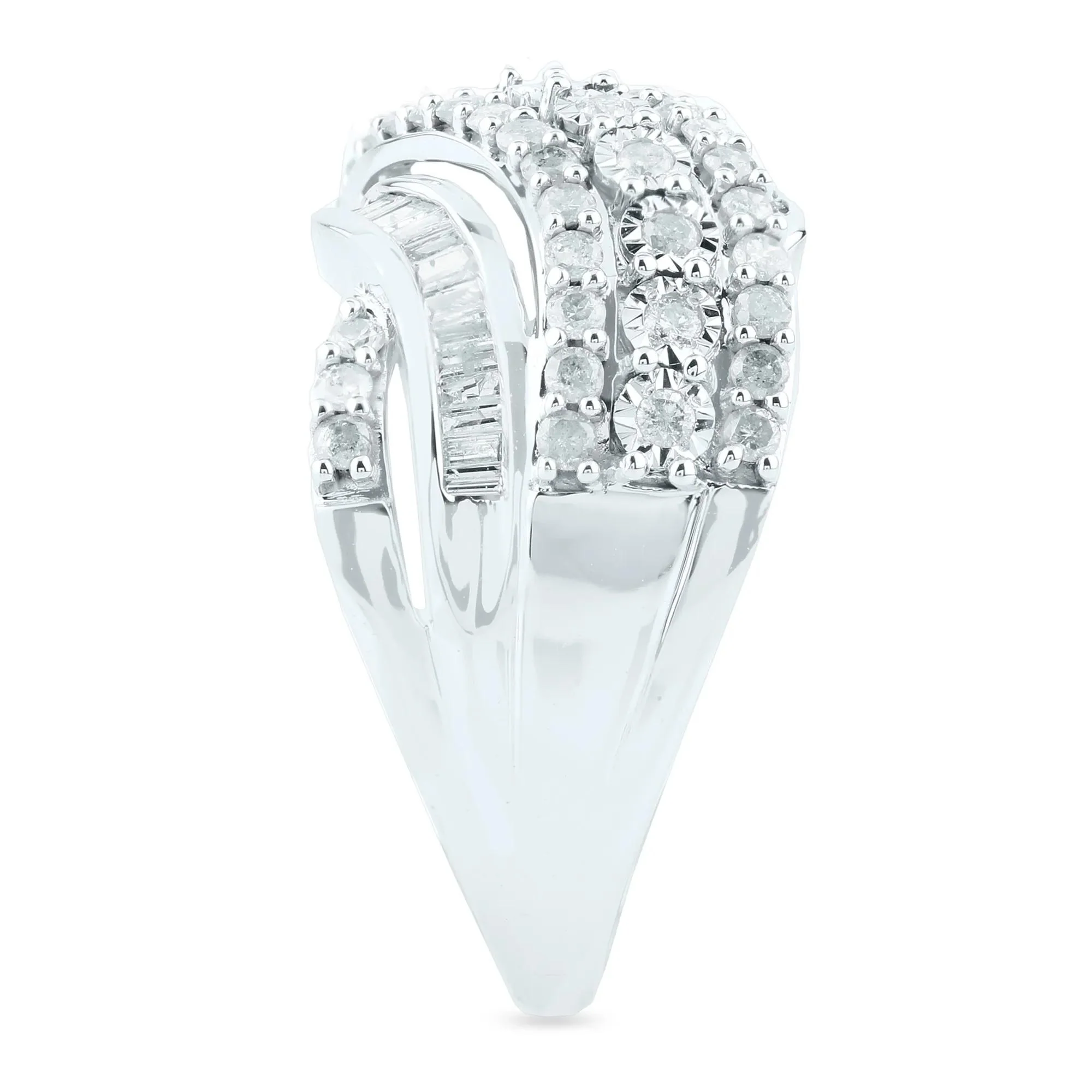 1 CT. Tw. Round and Baguette Diamond Crossover Ring 10K White Gold Round Brilliant Cut Size 7.5 2mm - Image 3