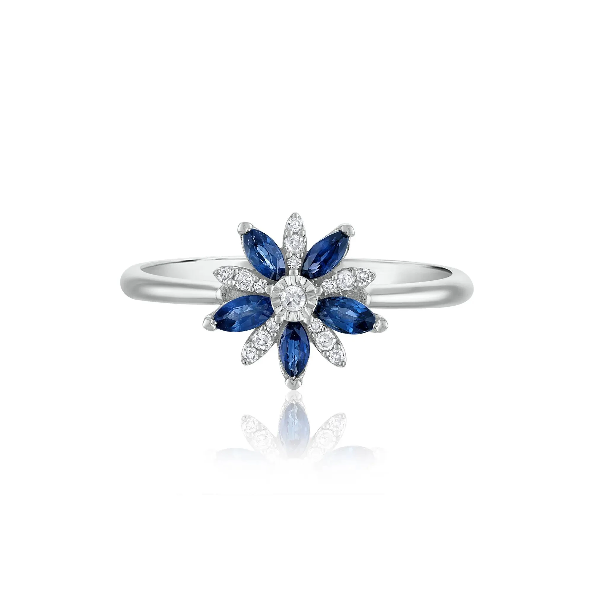 Blue Sapphire and Diamond Accent Floral Ring 10K White Gold Size 6.5 1.5mm