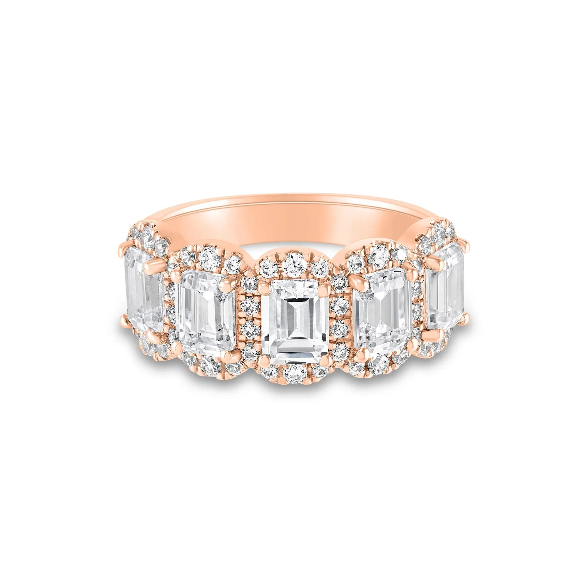 3 CT. Tw. Lab Grown Diamond Emerald-Cut Halo Band Ring 10K Rose Gold Round Brilliant Cut Size 8 1.5mm