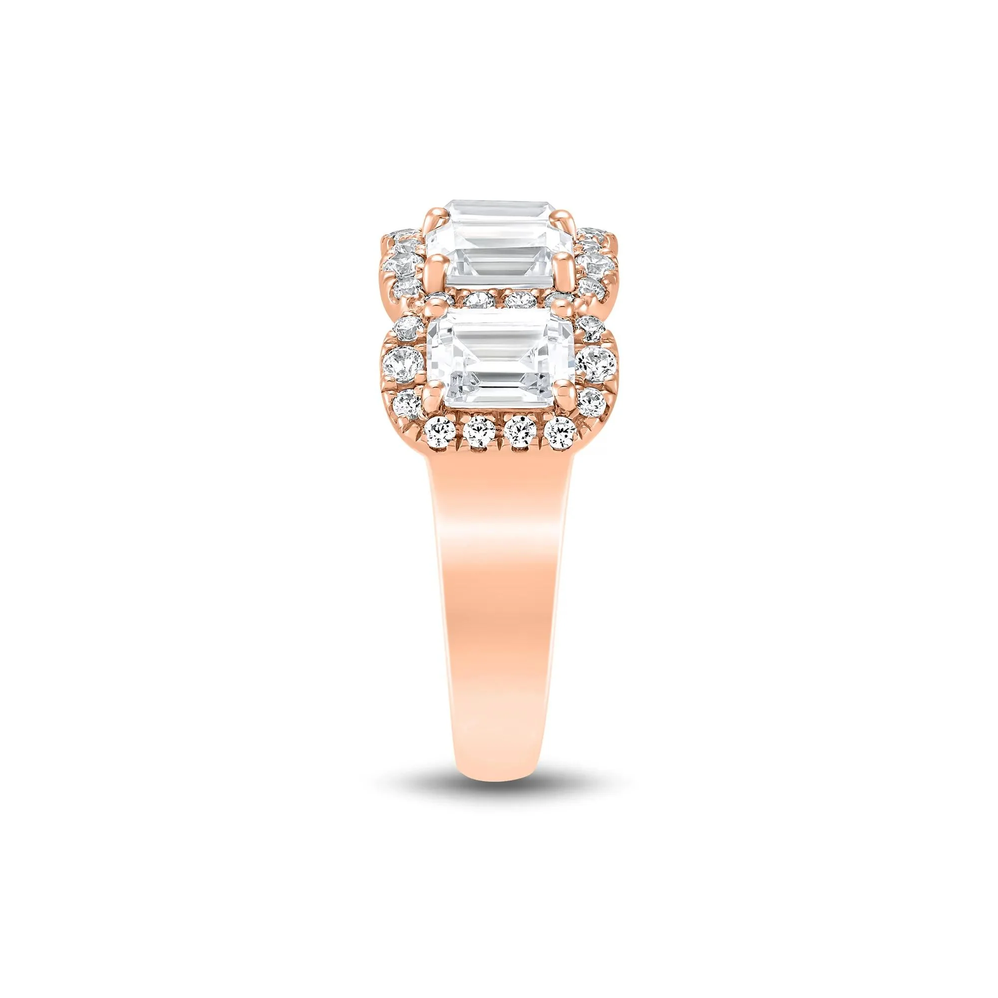 3 CT. Tw. Lab Grown Diamond Emerald-Cut Halo Band Ring 10K Rose Gold Round Brilliant Cut Size 9 1.5mm - Image 3