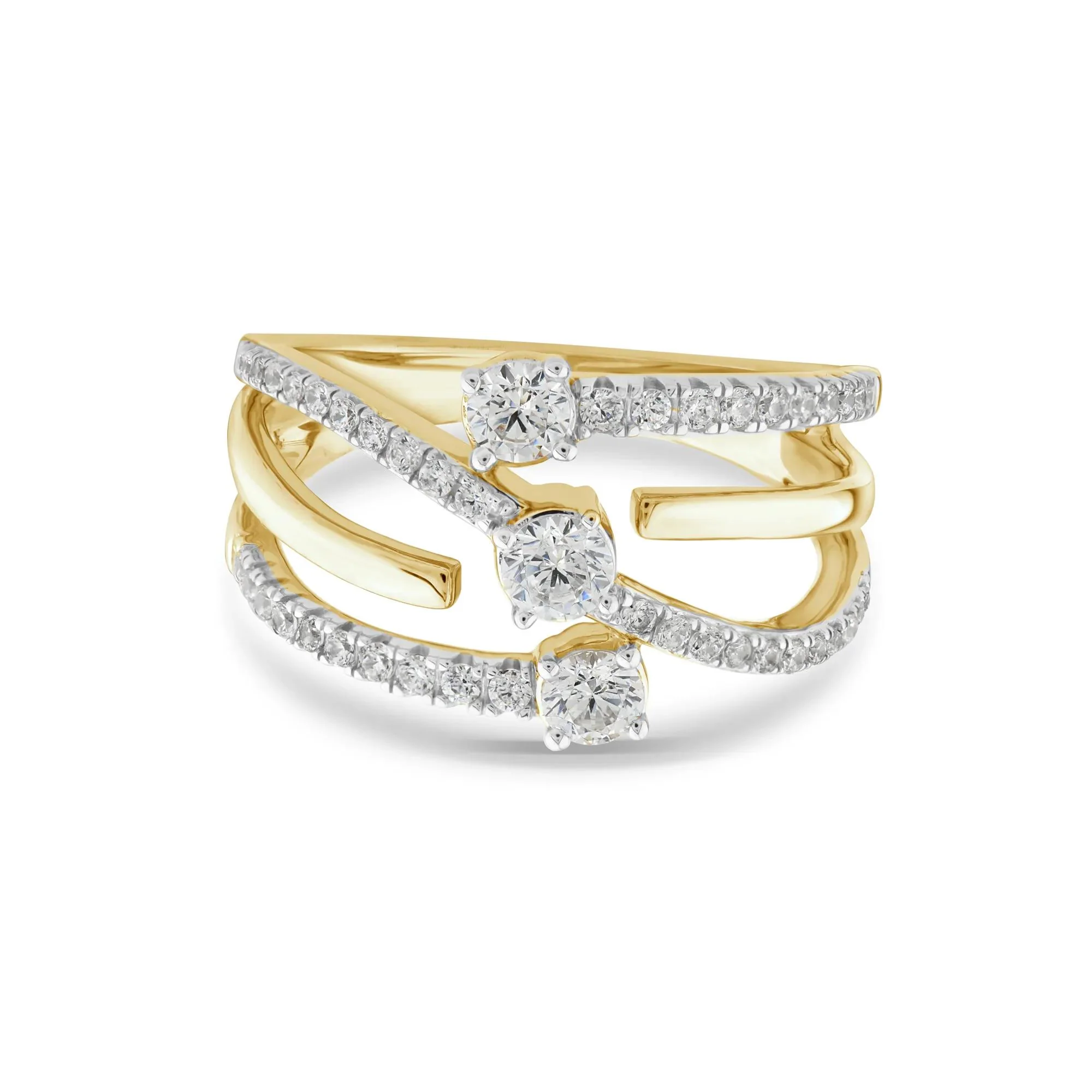 3/4 CT. Tw. Diamond Three-Row Orbit Ring 10K Yellow Gold Round Brilliant Cut Size 7.5 2mm