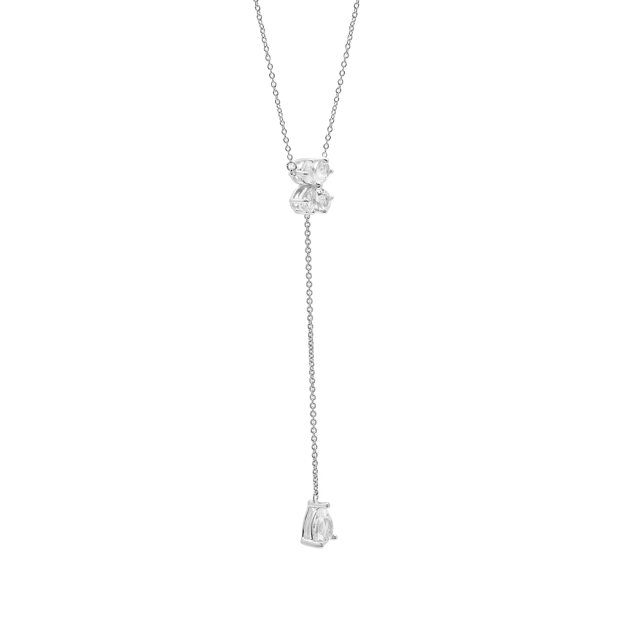 White Topaz Lariat Clover Necklace .925 Sterling Silver Size 16.5" - Image 3