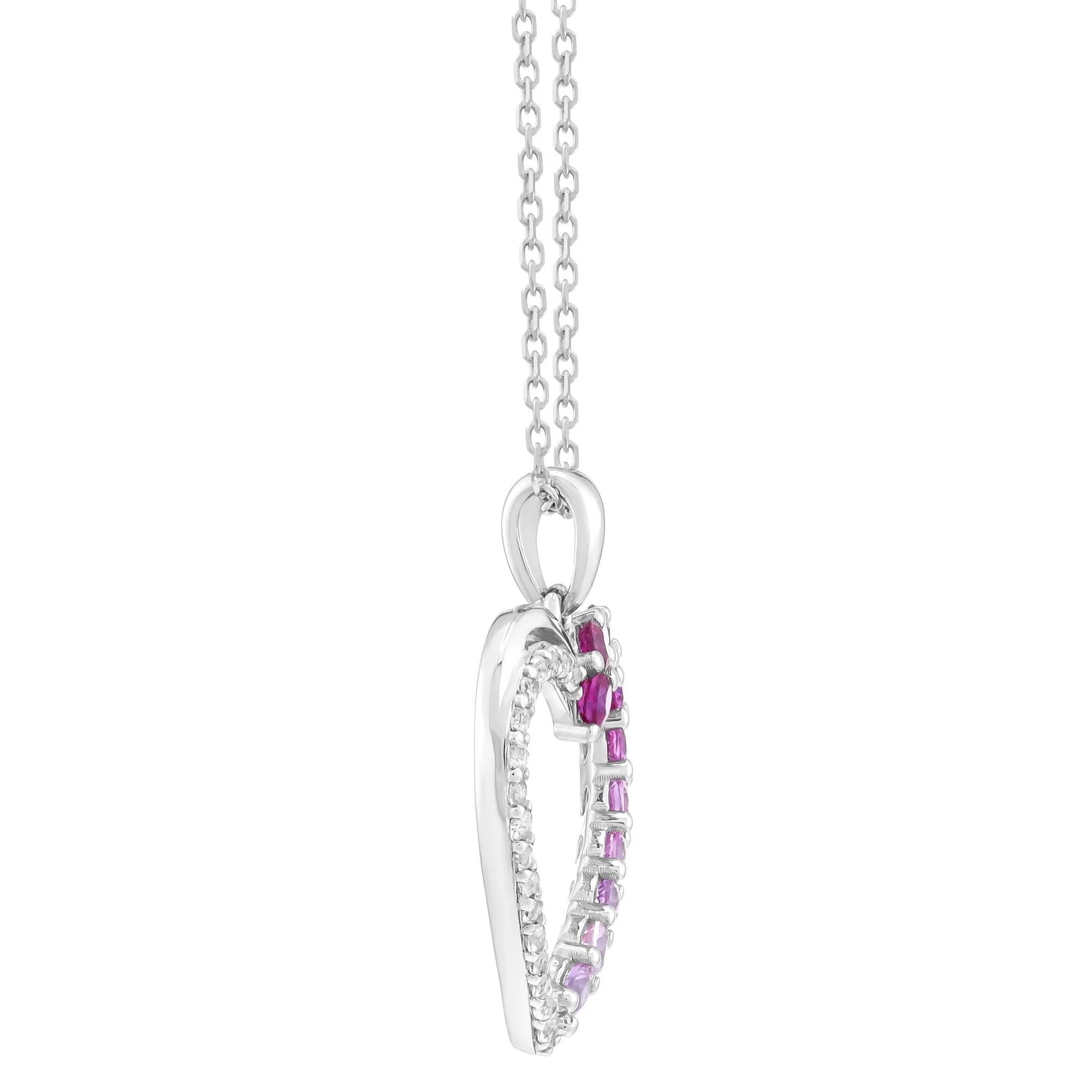 White Topaz & Pink Sapphire Heart Pendant Necklace .925 Sterling Silver Size 18" - Image 2