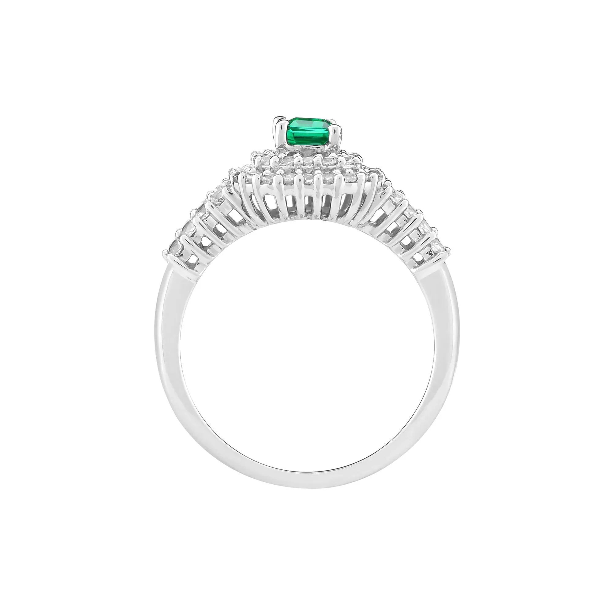 Lab-Created Emerald and Lab-Created White Sapphire Halo Ring .925 Sterling Silver Round Brilliant Cut Size 7 2mm - Image 2