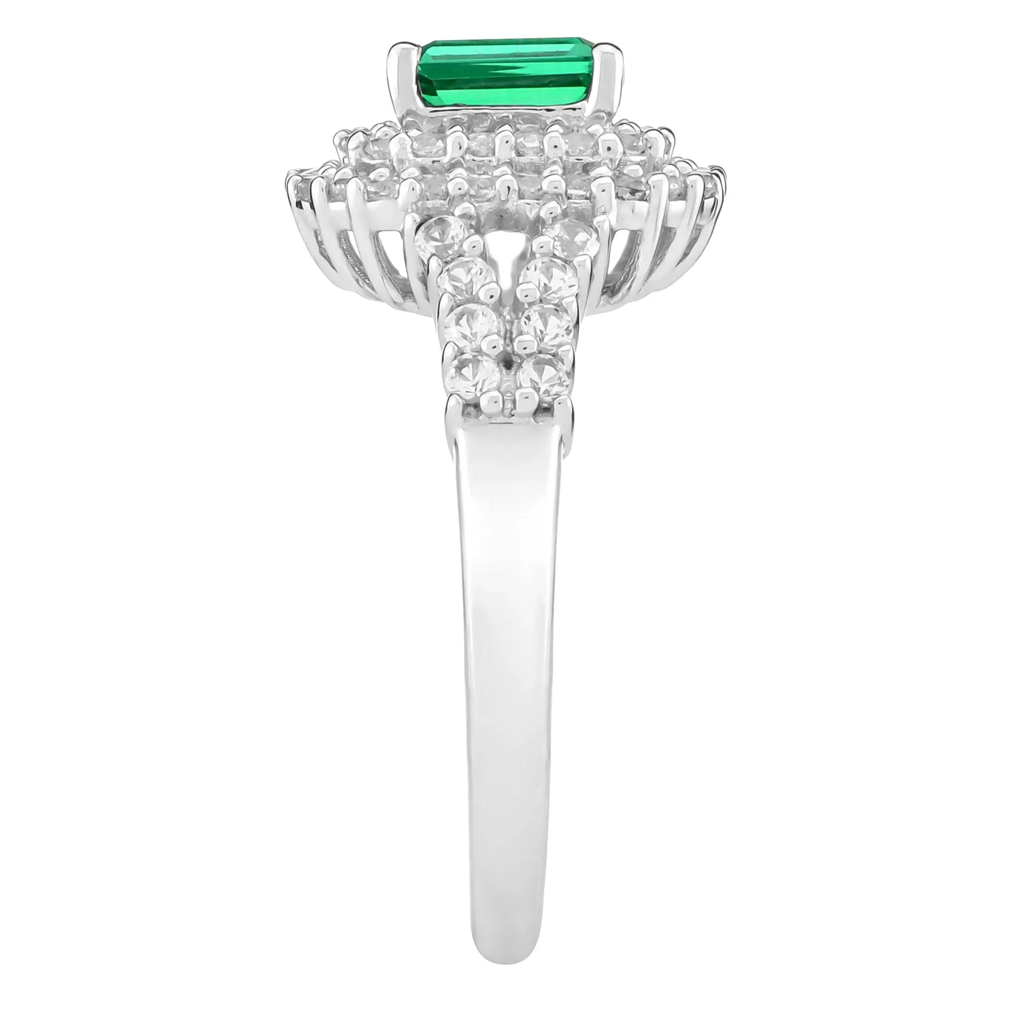 Lab-Created Emerald and Lab-Created White Sapphire Halo Ring .925 Sterling Silver Round Brilliant Cut Size 7 2mm - Image 3