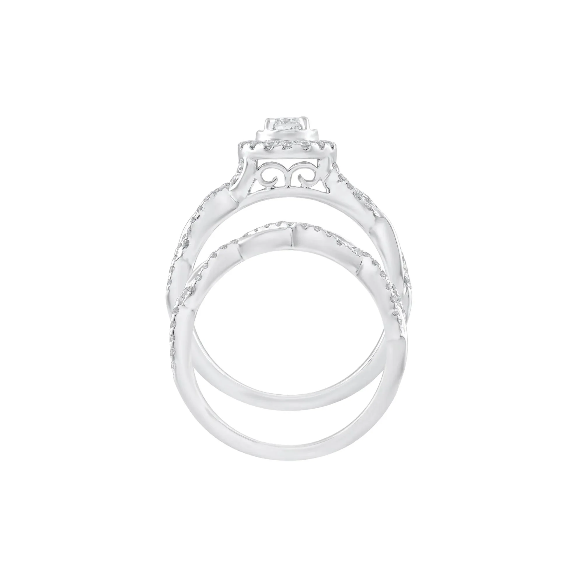 3/4 CT. Tw. Diamond Halo Woven Engagement Set 14K White Gold Ring Round Brilliant Cut Size 9 - Image 2