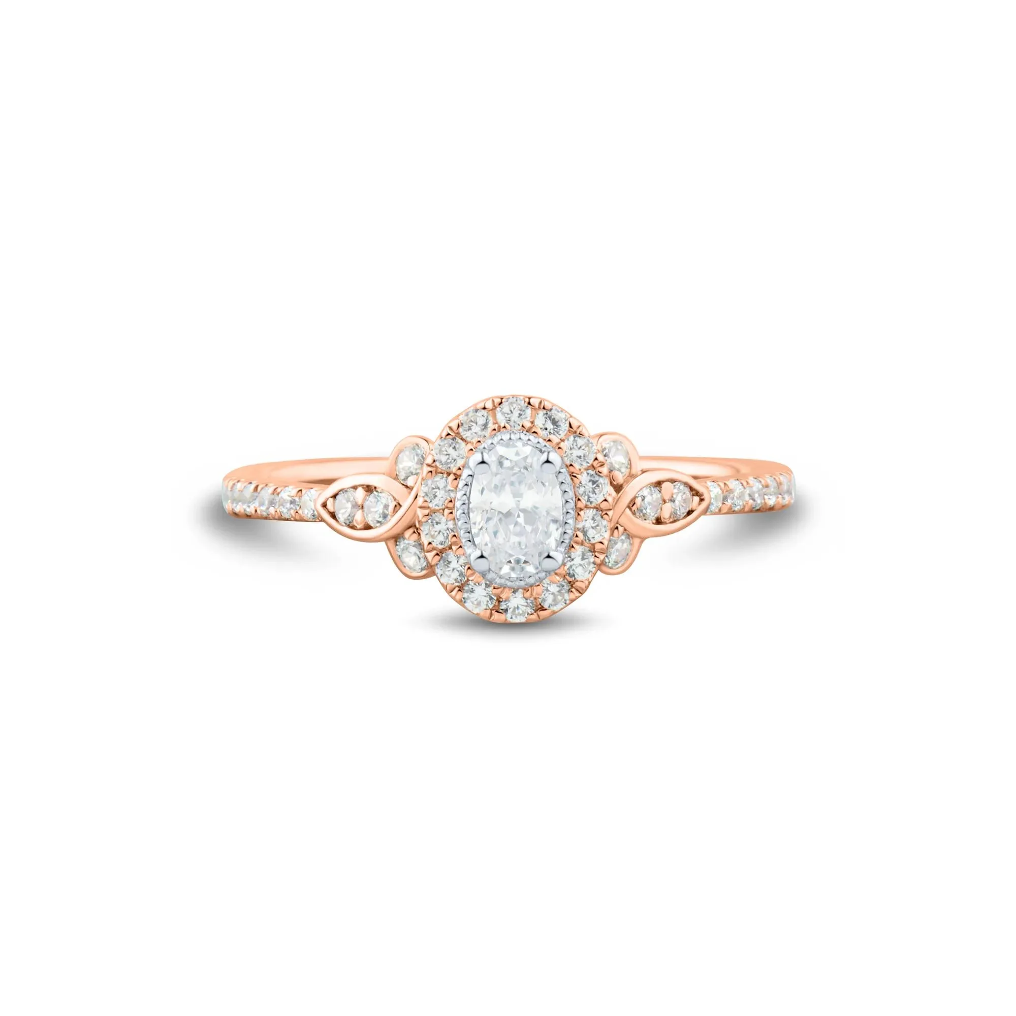 1/2 CT. Tw. Oval Diamond Halo Engagement Ring 14K Rose Gold Round Brilliant Cut Size 8.5 1mm