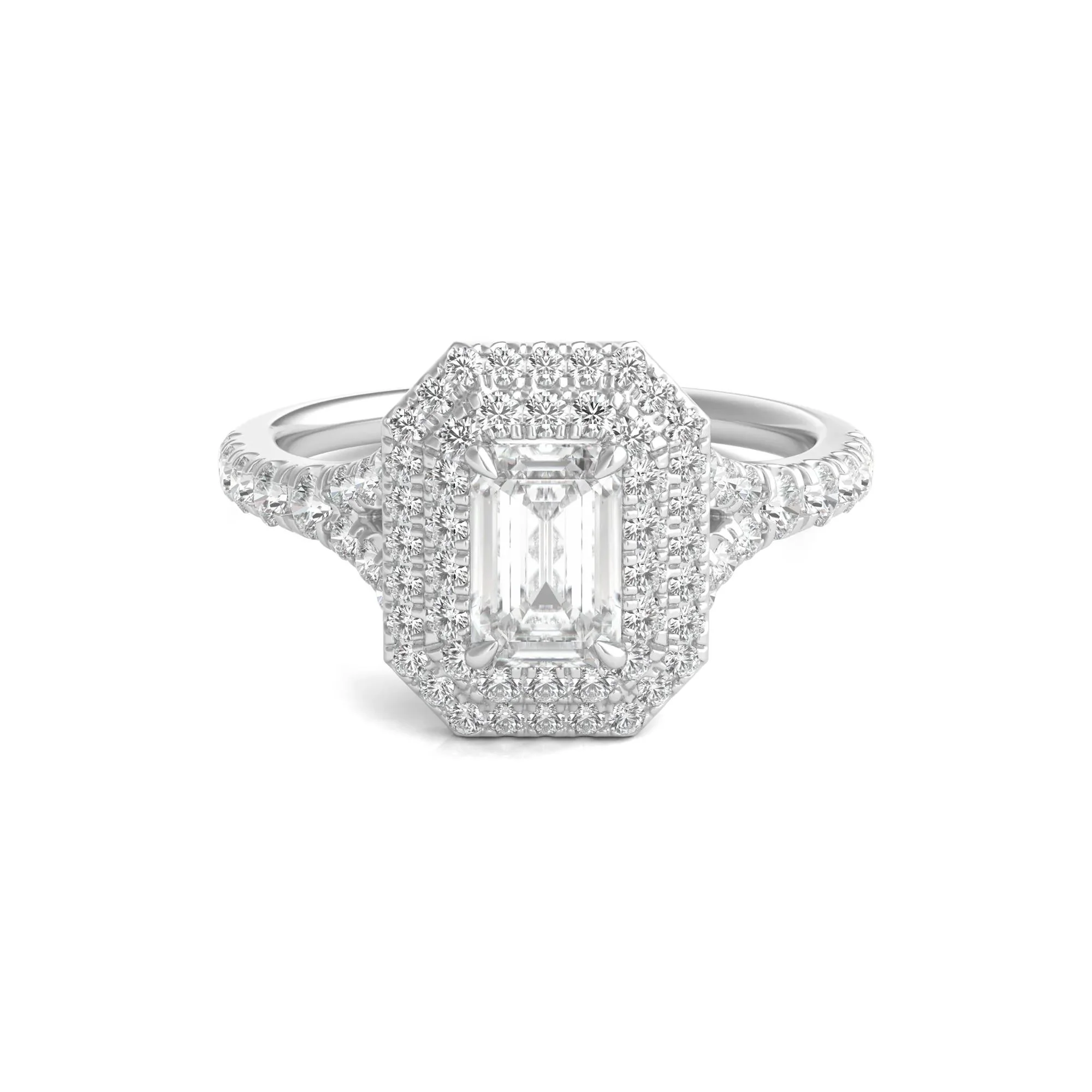 1/2 CT. Tw. Diamond Emerald Step-Cut Double Halo Engagement Ring 14K White Gold Size 7.5