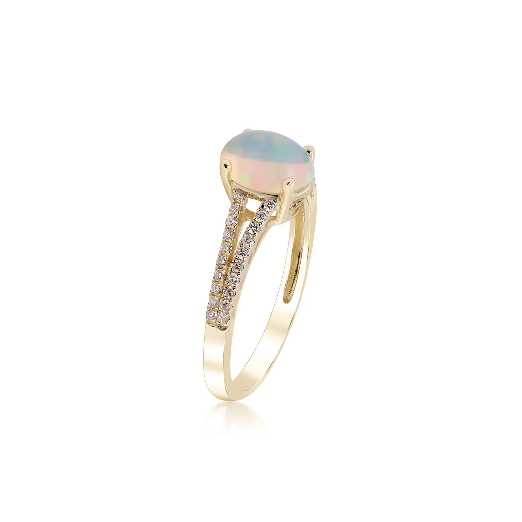 1/5 CT. Tw. Ethiopian Opal Ring with Diamond Split-Shank Band 10K Yellow Gold Round Brilliant Cut Size 7.5 - Image 2