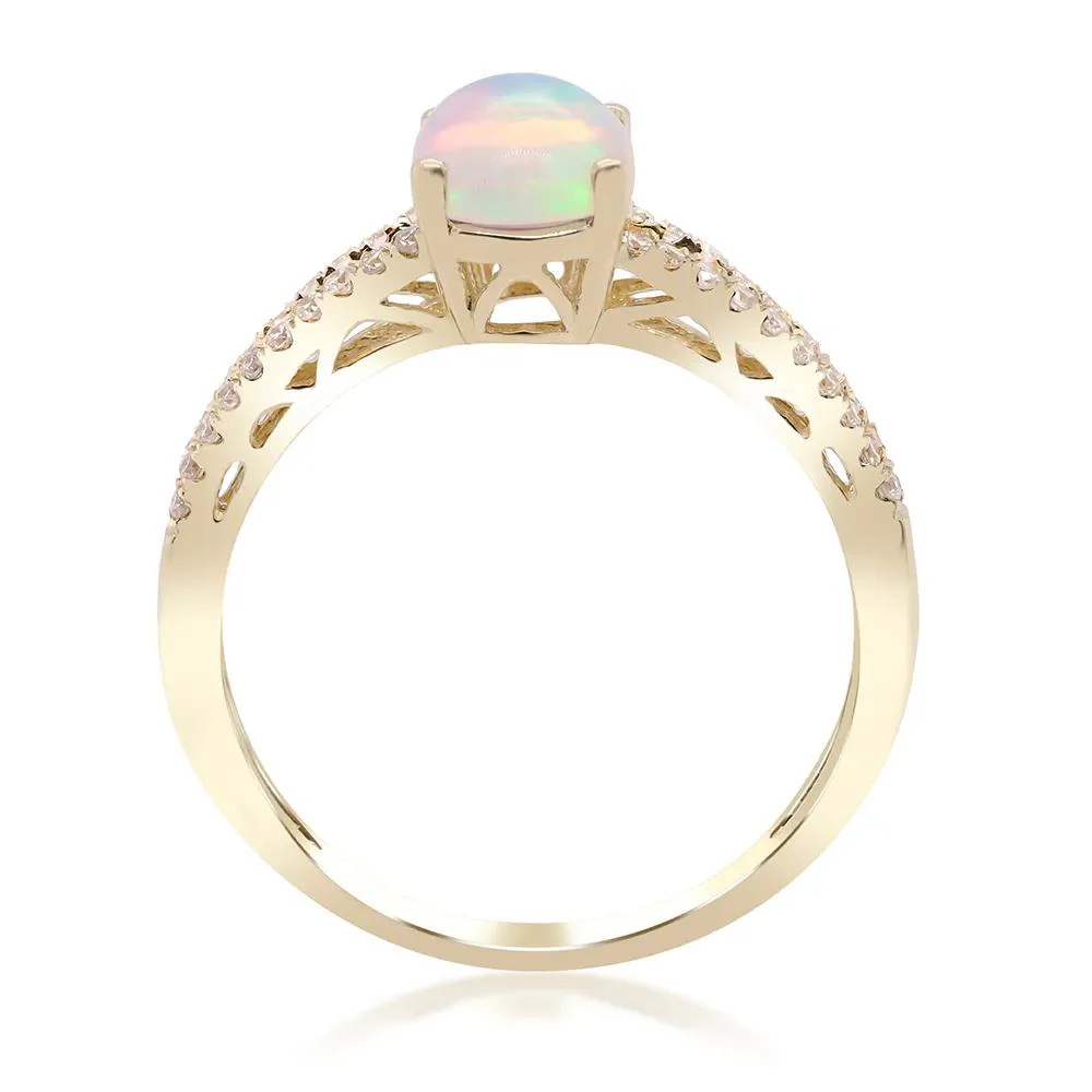 1/5 CT. Tw. Ethiopian Opal Ring with Diamond Split-Shank Band 10K Yellow Gold Round Brilliant Cut Size 8 - Image 4