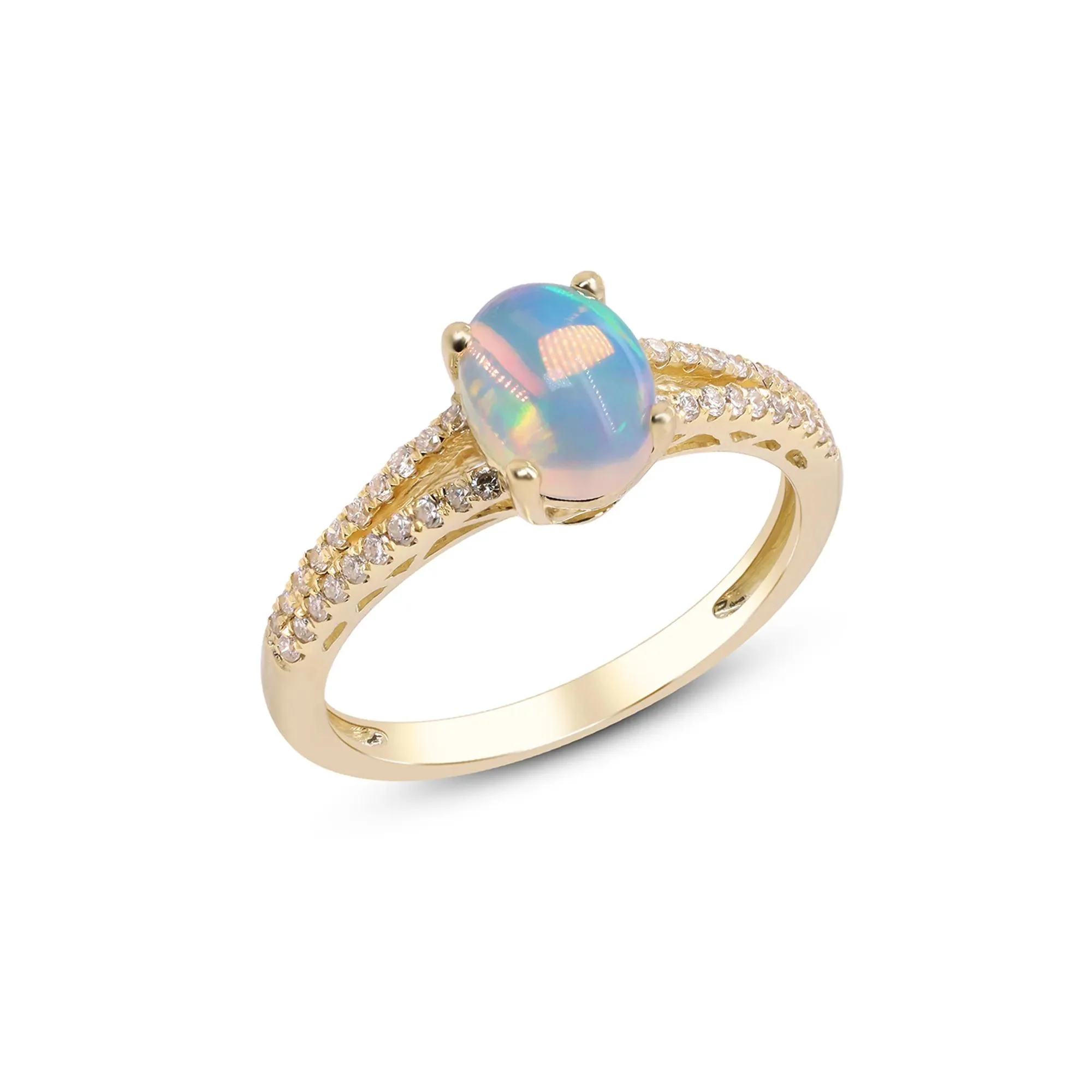1/5 CT. Tw. Ethiopian Opal Ring with Diamond Split-Shank Band 10K Yellow Gold Round Brilliant Cut Size 8.5 - Image 3