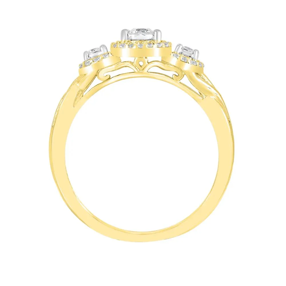 1/4 CT. Tw. Three-Stone Halo Engagement Ring with Illusion Settings 10K Yellow Gold Round Brilliant Cut Size 6.5 - Image 2