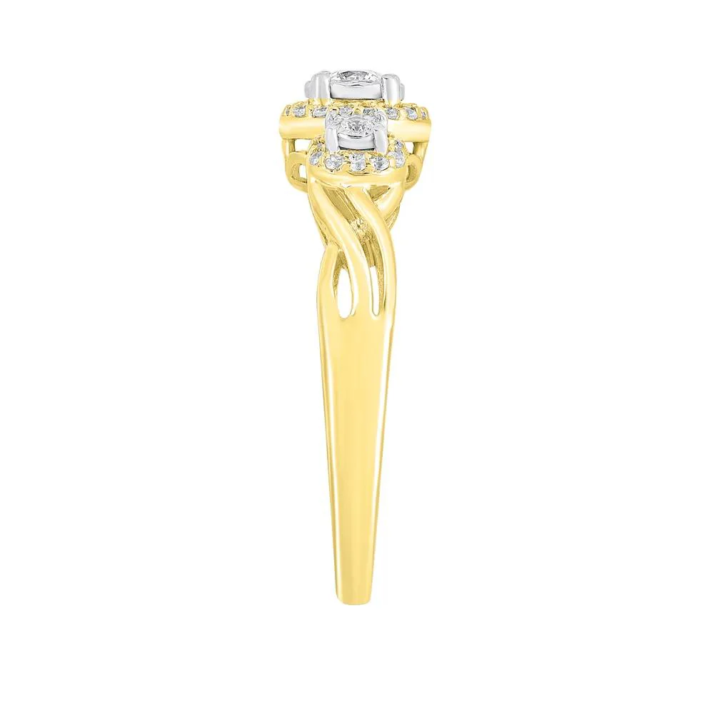 1/4 CT. Tw. Three-Stone Halo Engagement Ring with Illusion Settings 10K Yellow Gold Round Brilliant Cut Size 8 - Image 3