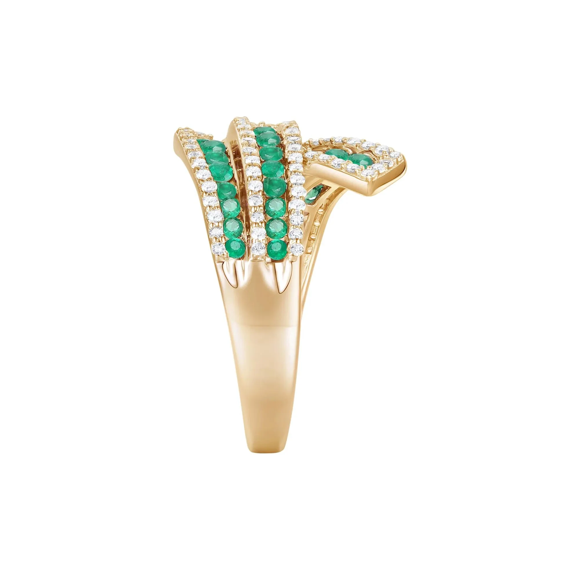 1/2 CT. Tw. Emerald and Diamond Ribbon Ring 10K Yellow Gold Round Brilliant Cut Size 9 1mm - Image 3