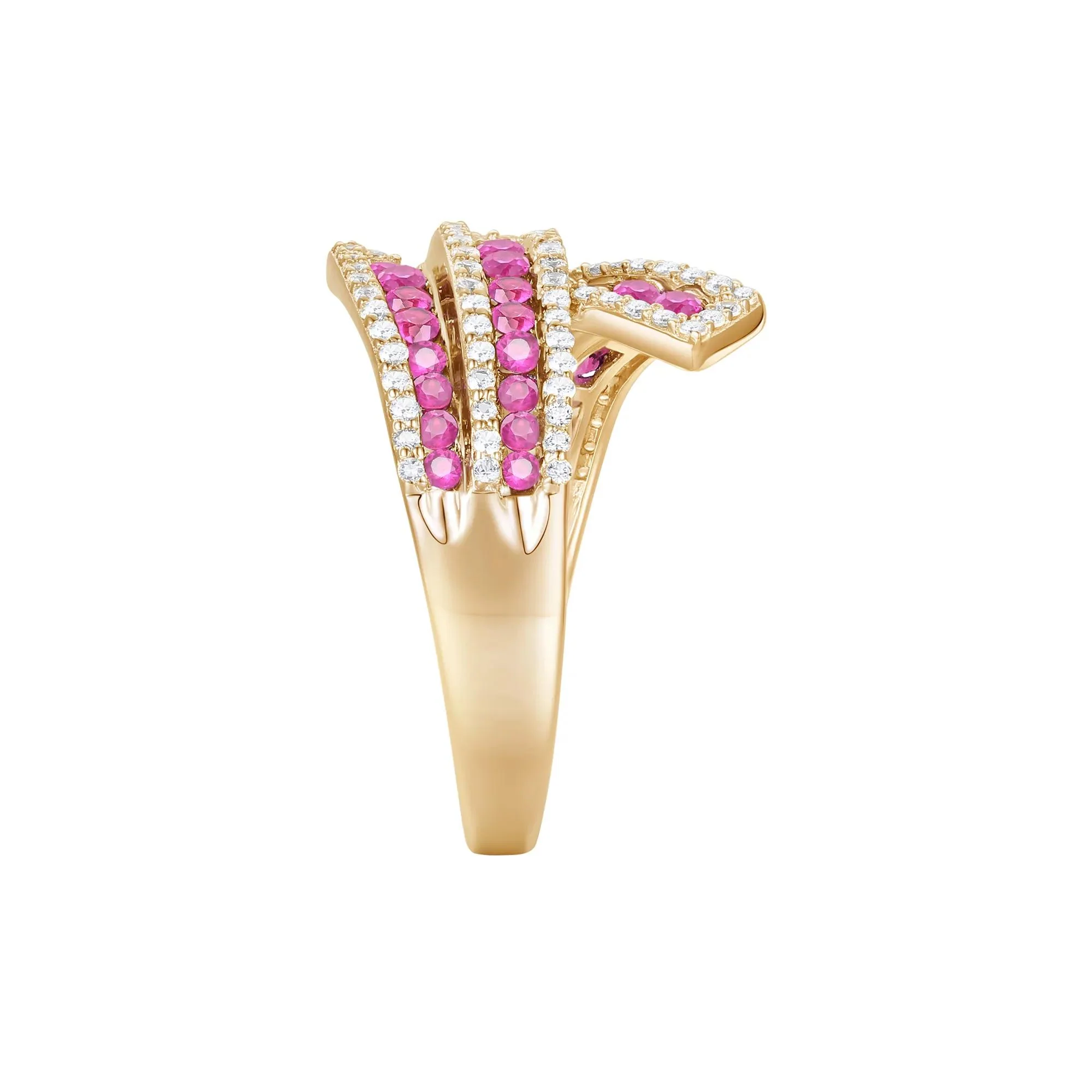 1/2 CT. Tw. Ruby and Diamond Ribbon Ring 10K Yellow Gold Round Brilliant Cut Size 6 1mm - Image 3