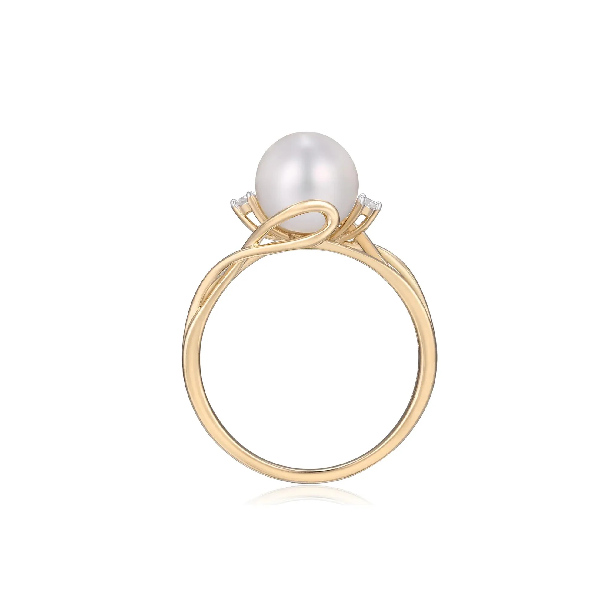 Cultured Freshwater Pearl and Diamond Accent Ring 10K Yellow Gold Round Brilliant Cut Size 8.5 2mm - Image 2