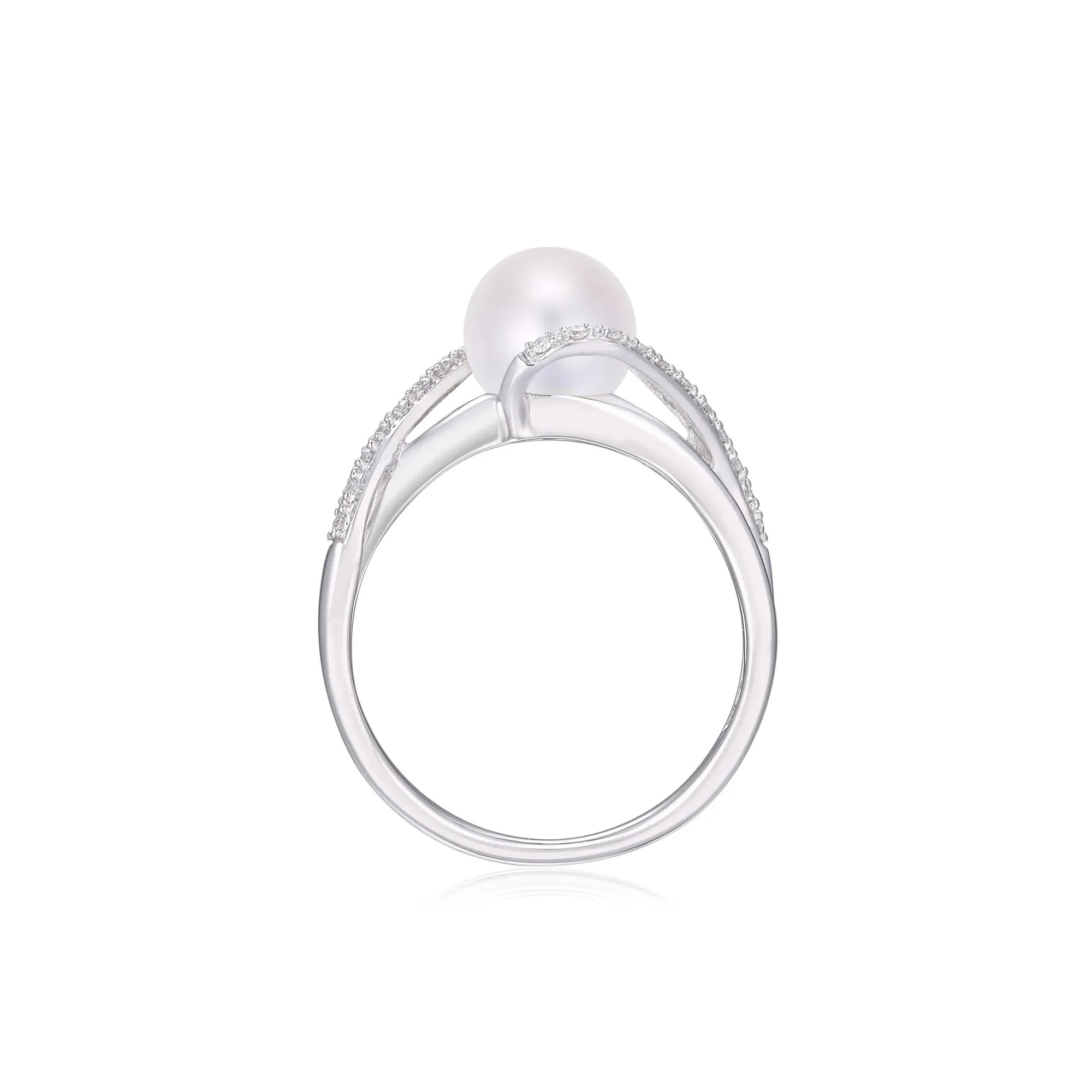 Cultured Freshwater Pearl and Diamond Ring 10K White Gold Round Brilliant Cut Size 8.5 3.5mm - Image 2
