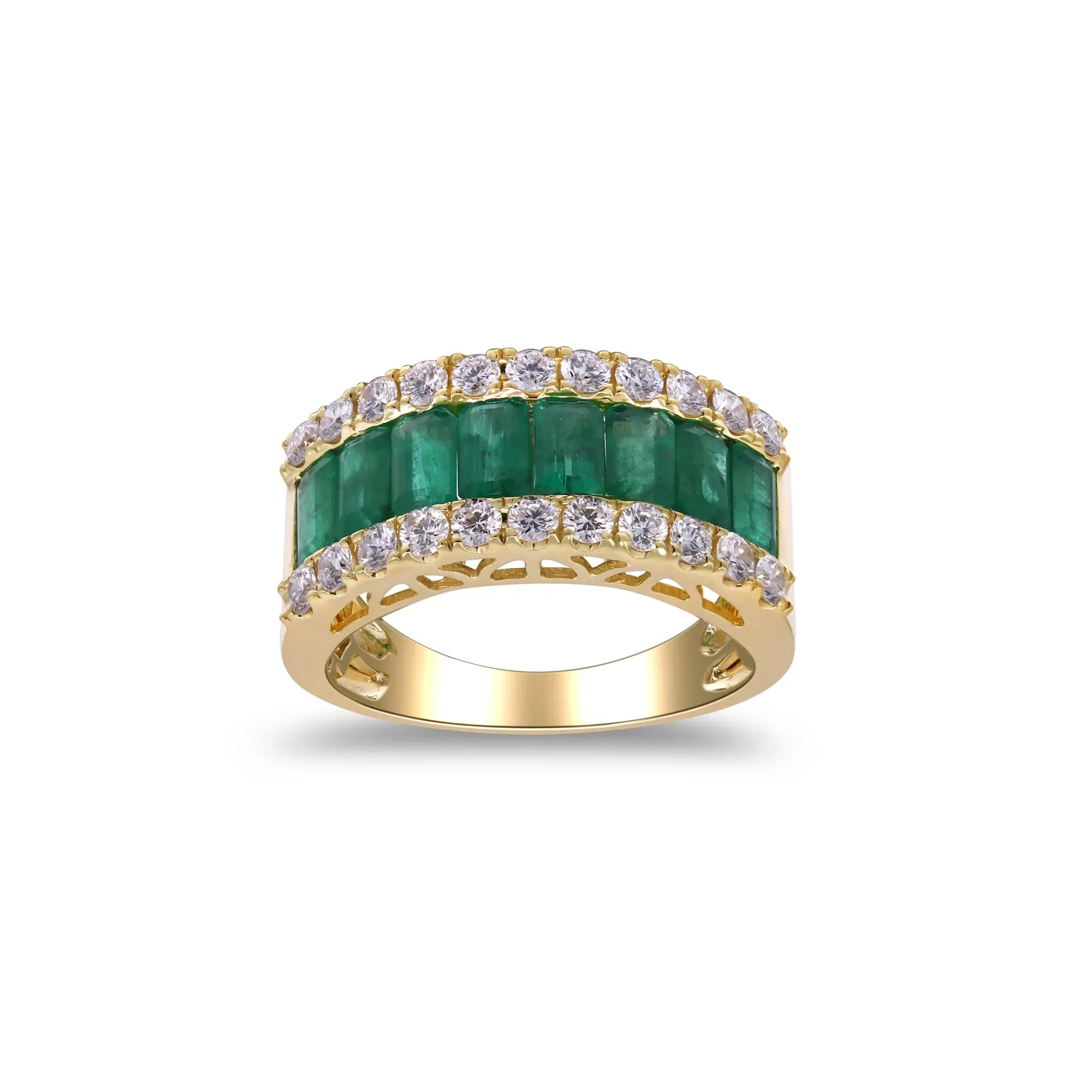 3/4 CT. Tw. Emerald and Diamond Three-Row Ring 14K Yellow Gold Round Brilliant Cut Size 7 2mm