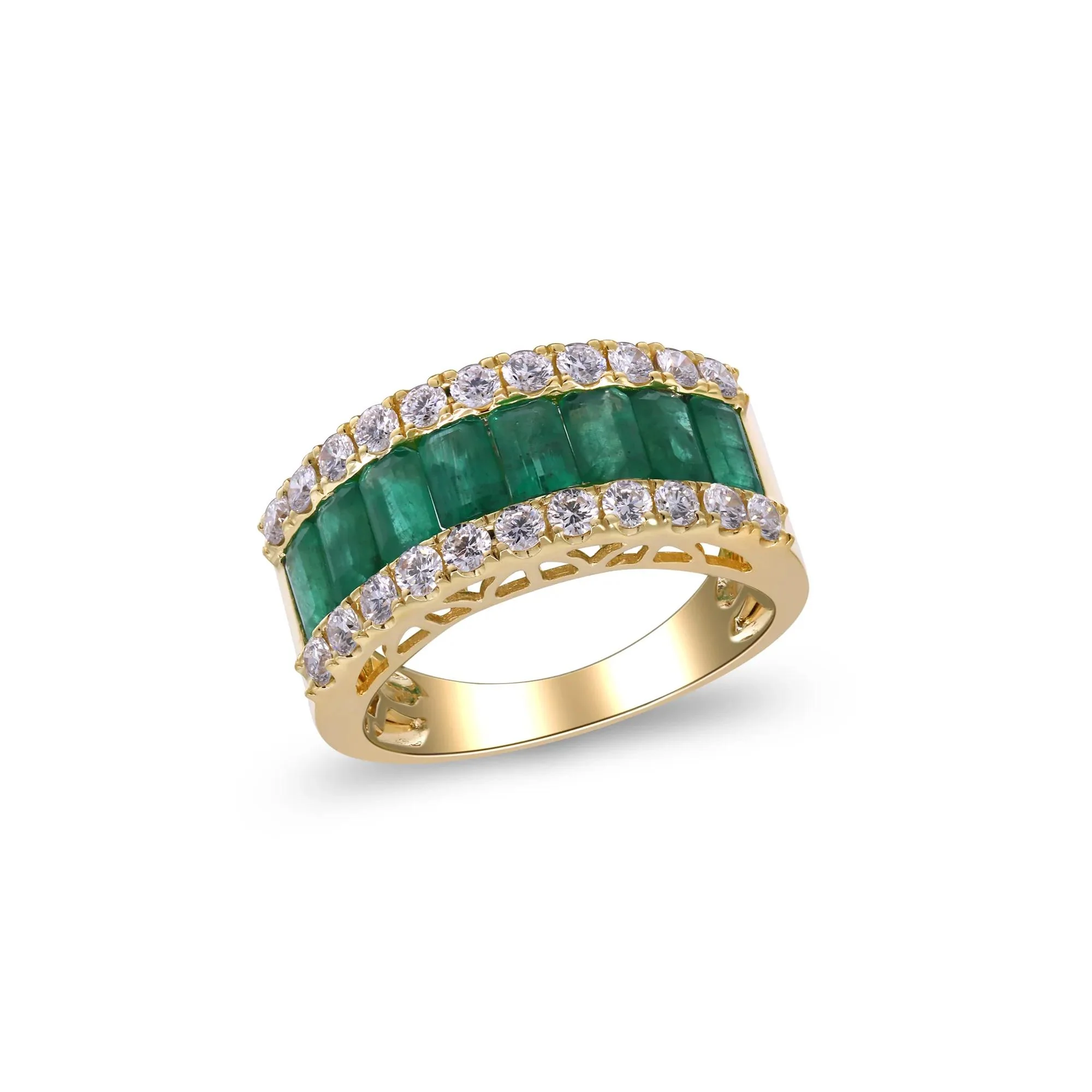 3/4 CT. Tw. Emerald and Diamond Three-Row Ring 14K Yellow Gold Round Brilliant Cut Size 7.5 2mm - Image 4