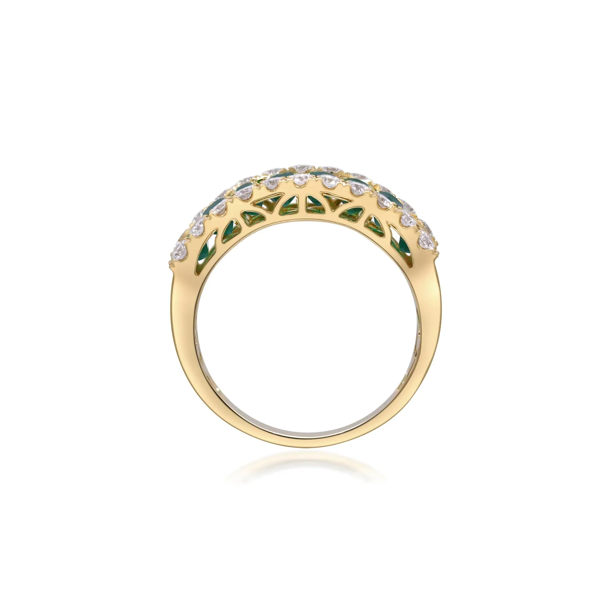 3/4 CT. Tw. Emerald and Diamond Three-Row Ring 14K Yellow Gold Round Brilliant Cut Size 8 2mm - Image 2