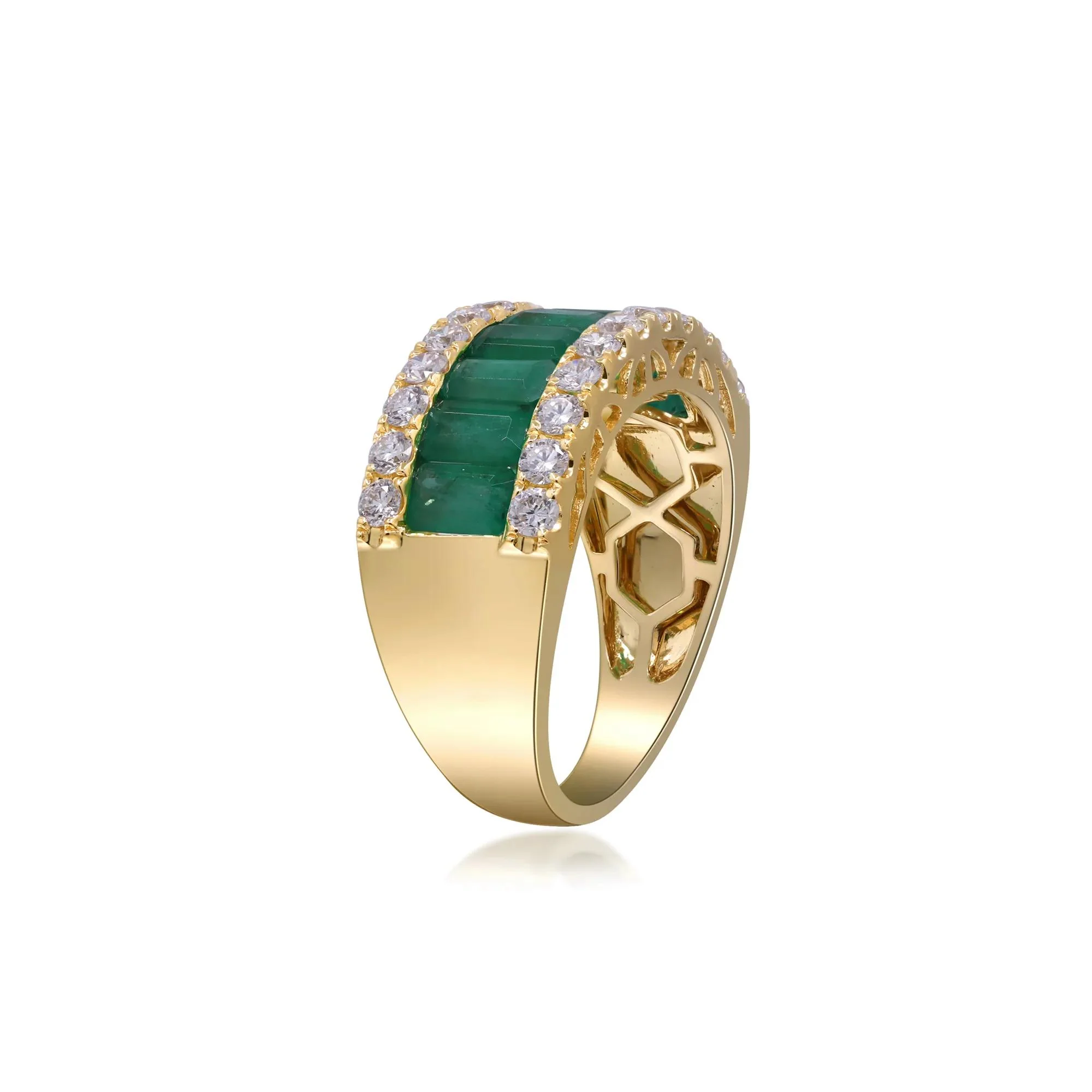 3/4 CT. Tw. Emerald and Diamond Three-Row Ring 14K Yellow Gold Round Brilliant Cut Size 9 2mm - Image 3