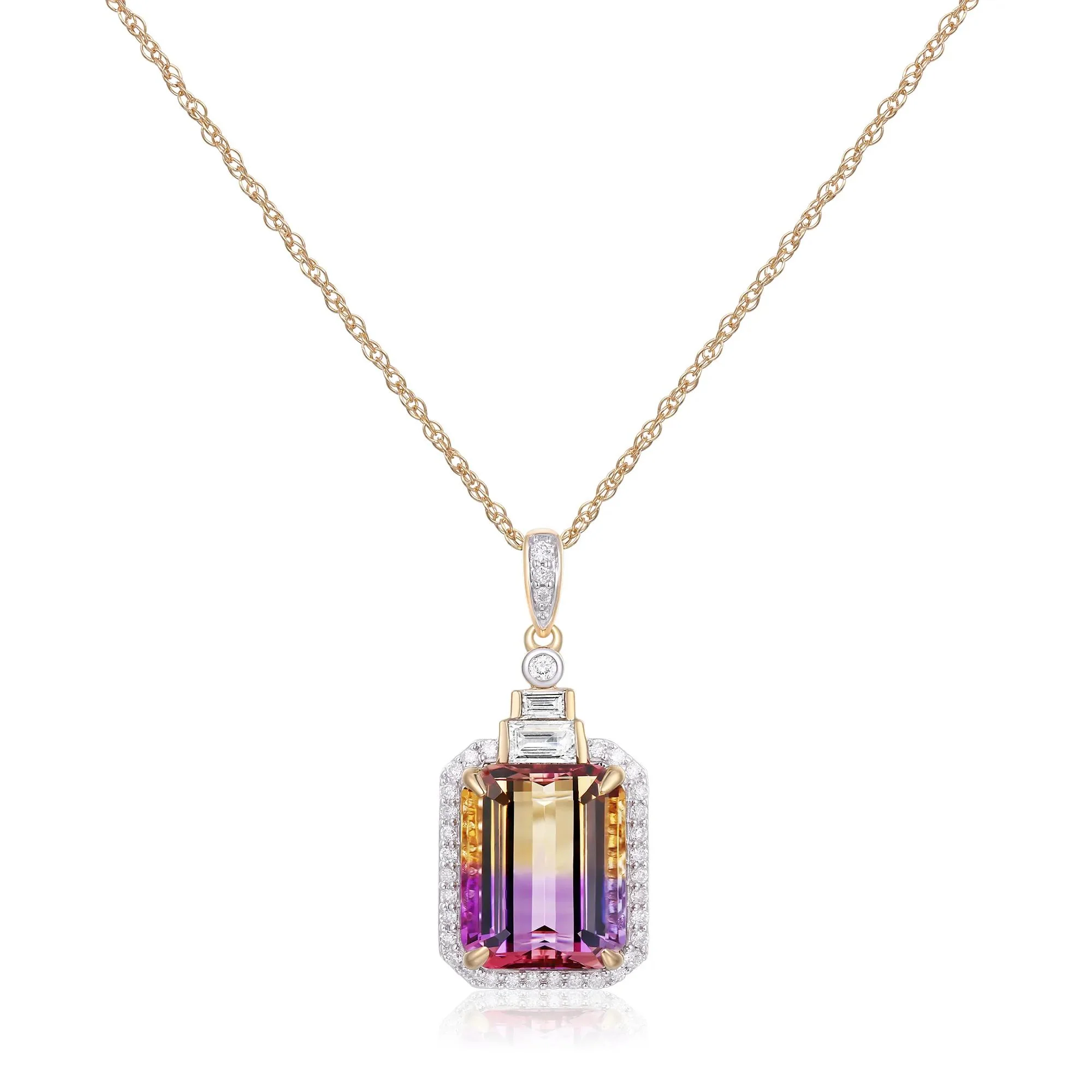 1/4 CT. Tw. Emerald-Cut Ametrine and Diamond Pendant Necklace 10K Yellow Gold Size 18"