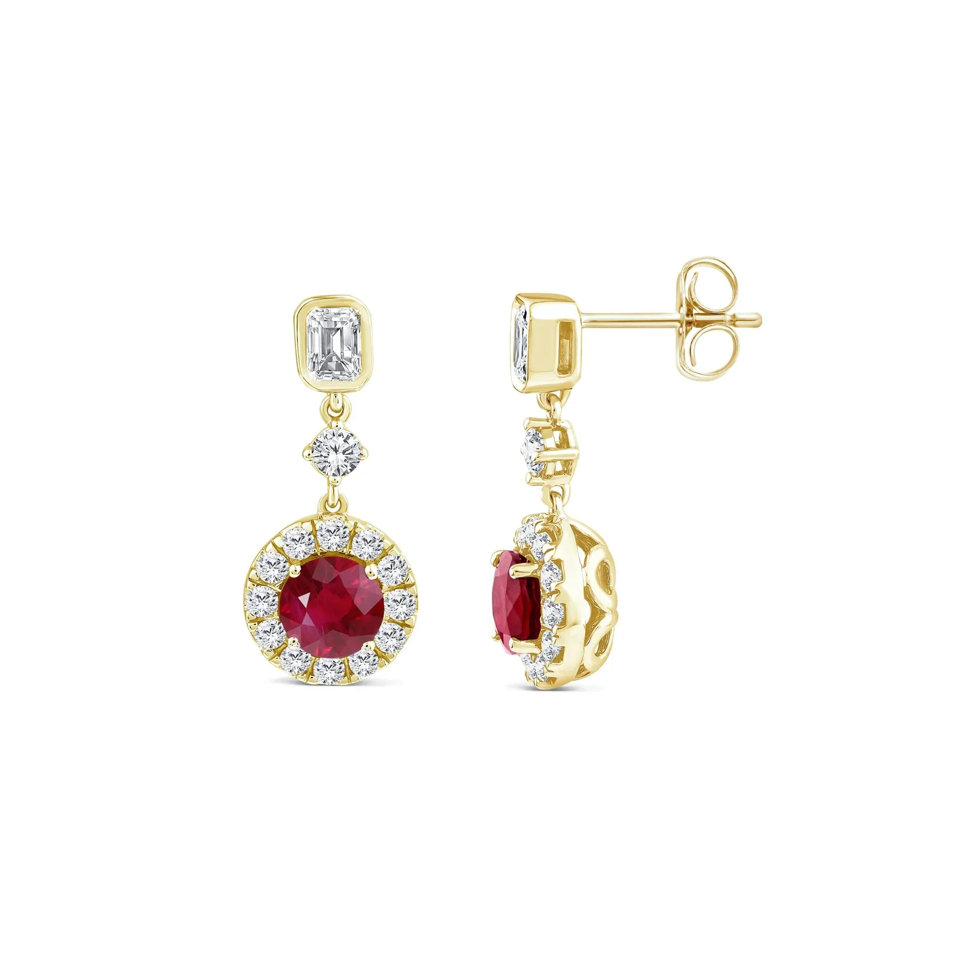3/4 CT. Tw. Ruby and Diamond Halo Drop Earring 10K Yellow Gold Size 8.10mm - Image 2