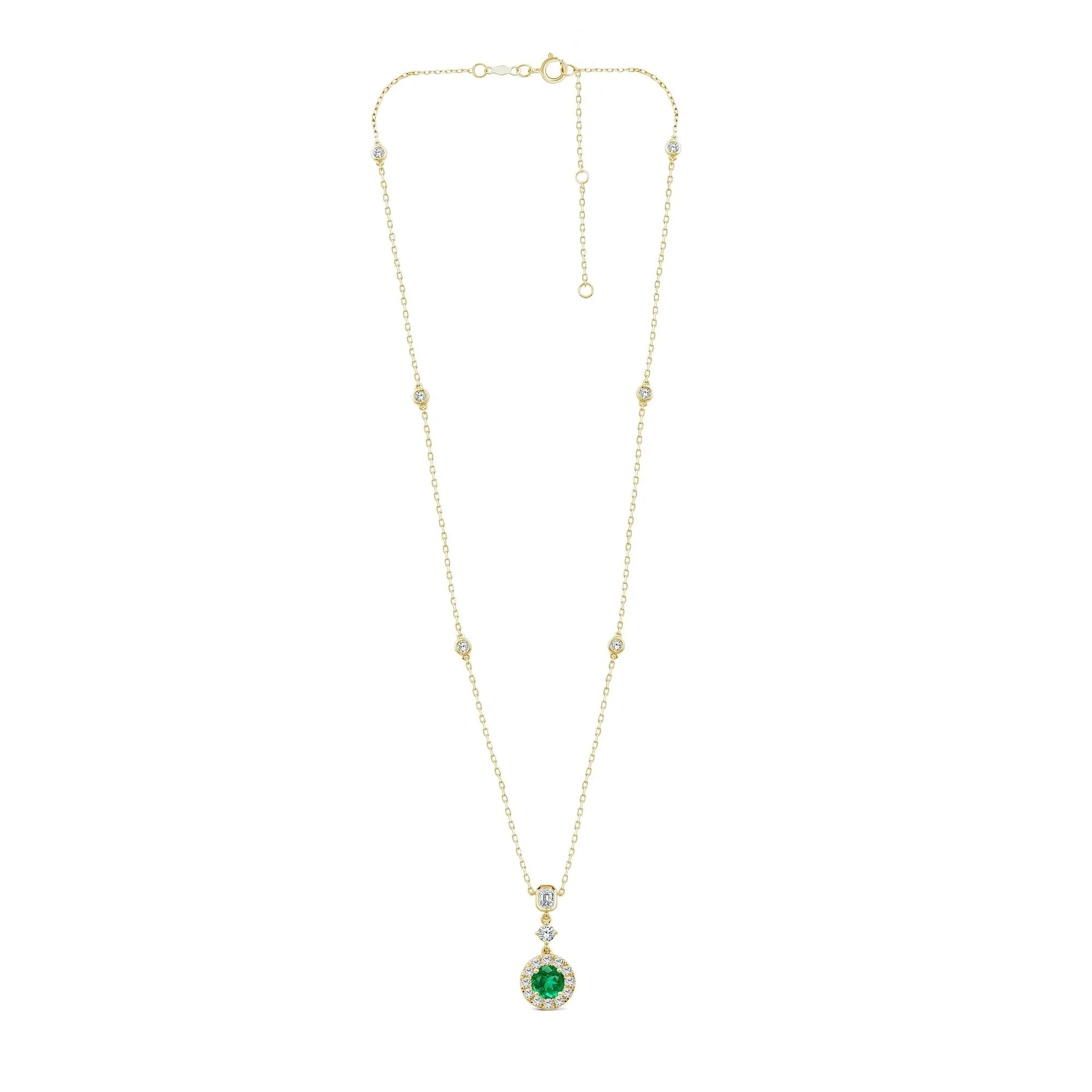 1 CT. Tw. Emerald and Diamond Halo Pendant Necklace 10K Yellow Gold Size 16.5" - Image 4