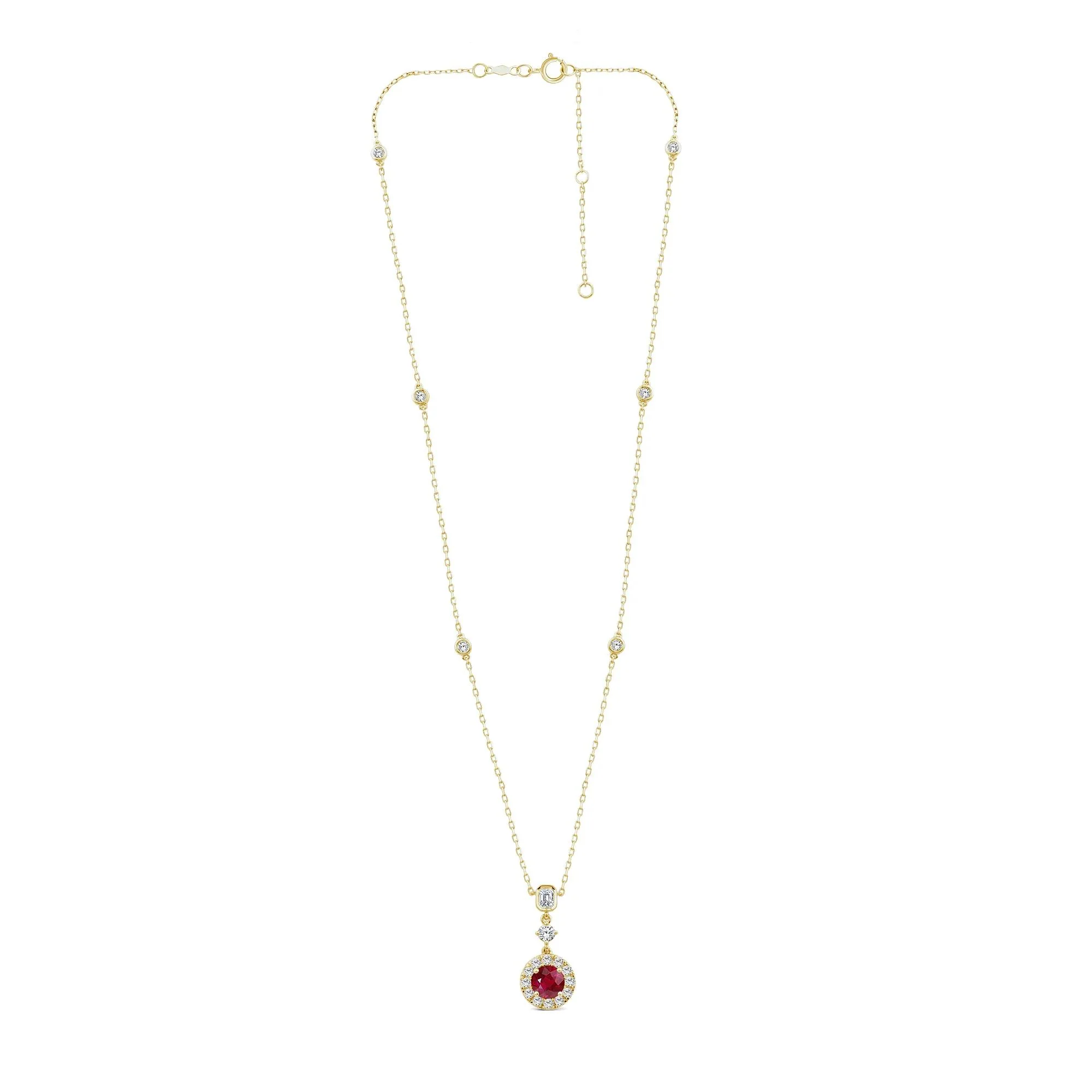 1 CT. Tw. Ruby and Diamond Halo Pendant Necklace 10K Yellow Gold Size 16.5" - Image 4