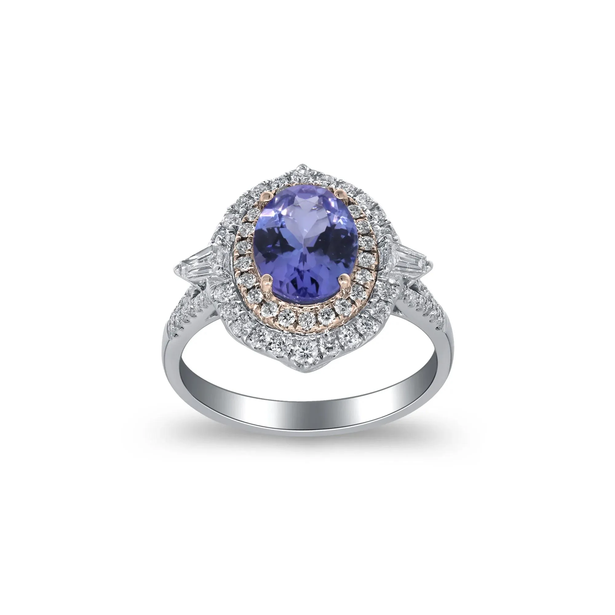 1/2 CT. Tw. Tanzanite and Diamond Halo Ring 14K White and Yellow Gold Round Brilliant Cut Size 7 2mm - Image 4