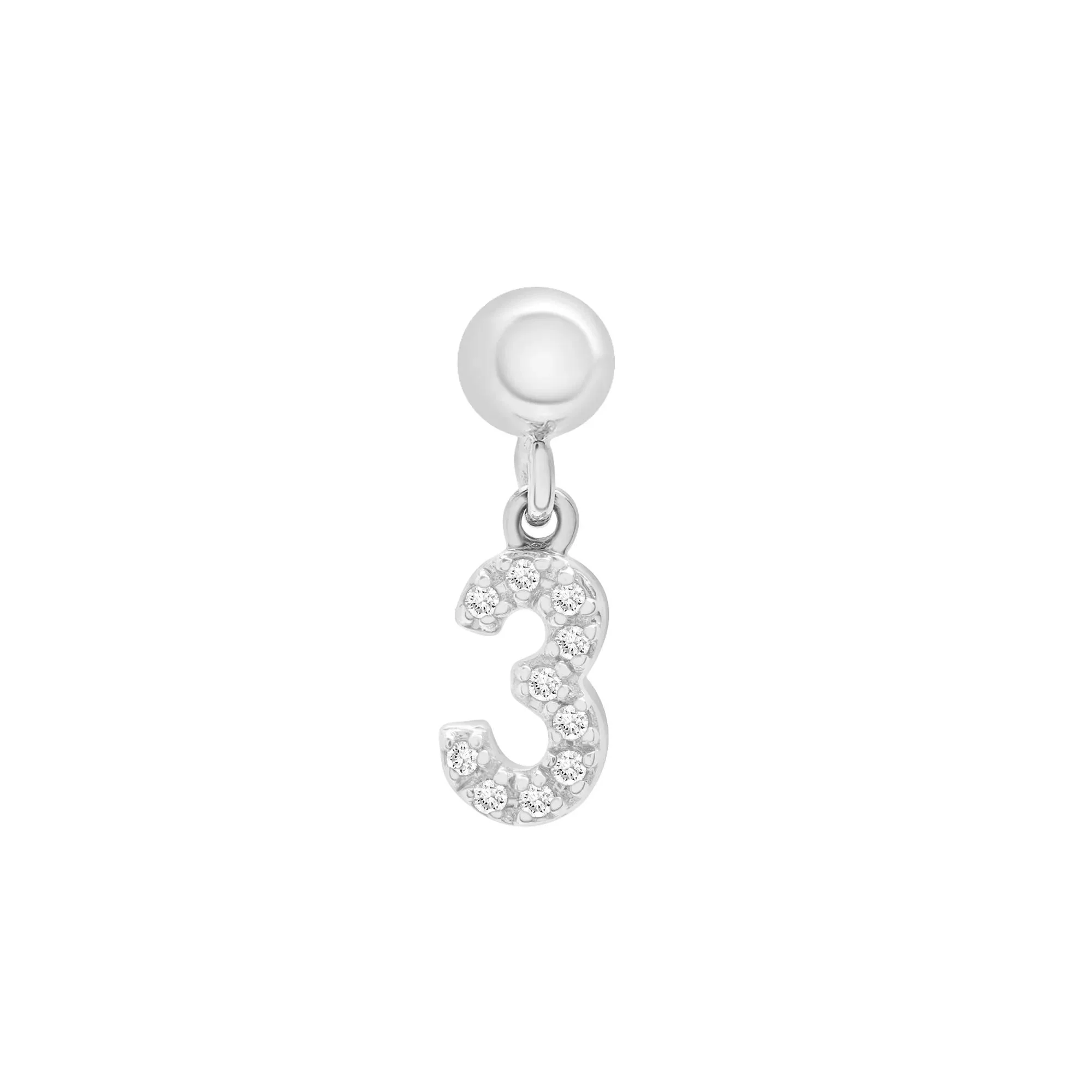 Diamond Accent Number 3 Bead Charm .925 Sterling Silver White Size 12.50mm - Image 5