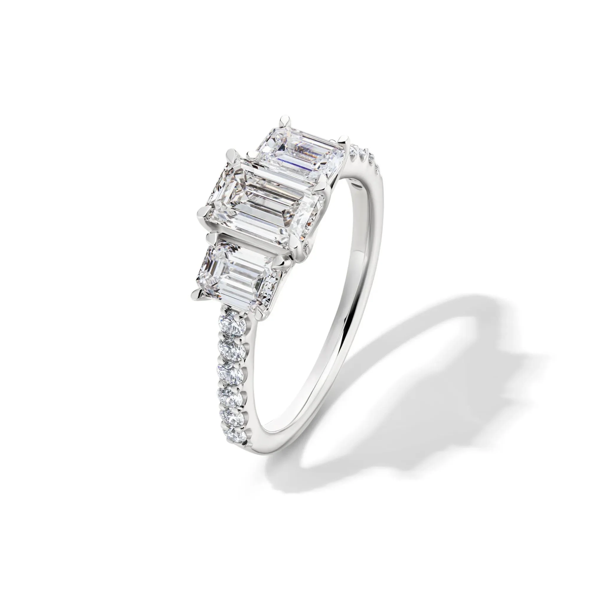 2 CT. Tw. Lab Grown Diamond Emerald-Cut Three Stone Ring 14K White Gold Round Brilliant Cut Size 6 - Image 4
